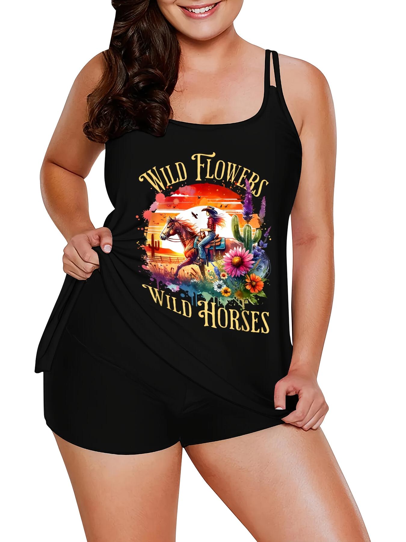 Wildflower, Mustang, Countryside, Sunset, Western Cowboy Women's Two-Piece Swimsuit |     Two-piece elegant black conservative tank top swimsuit, made of high-elastic fabric and featuring floral appliques