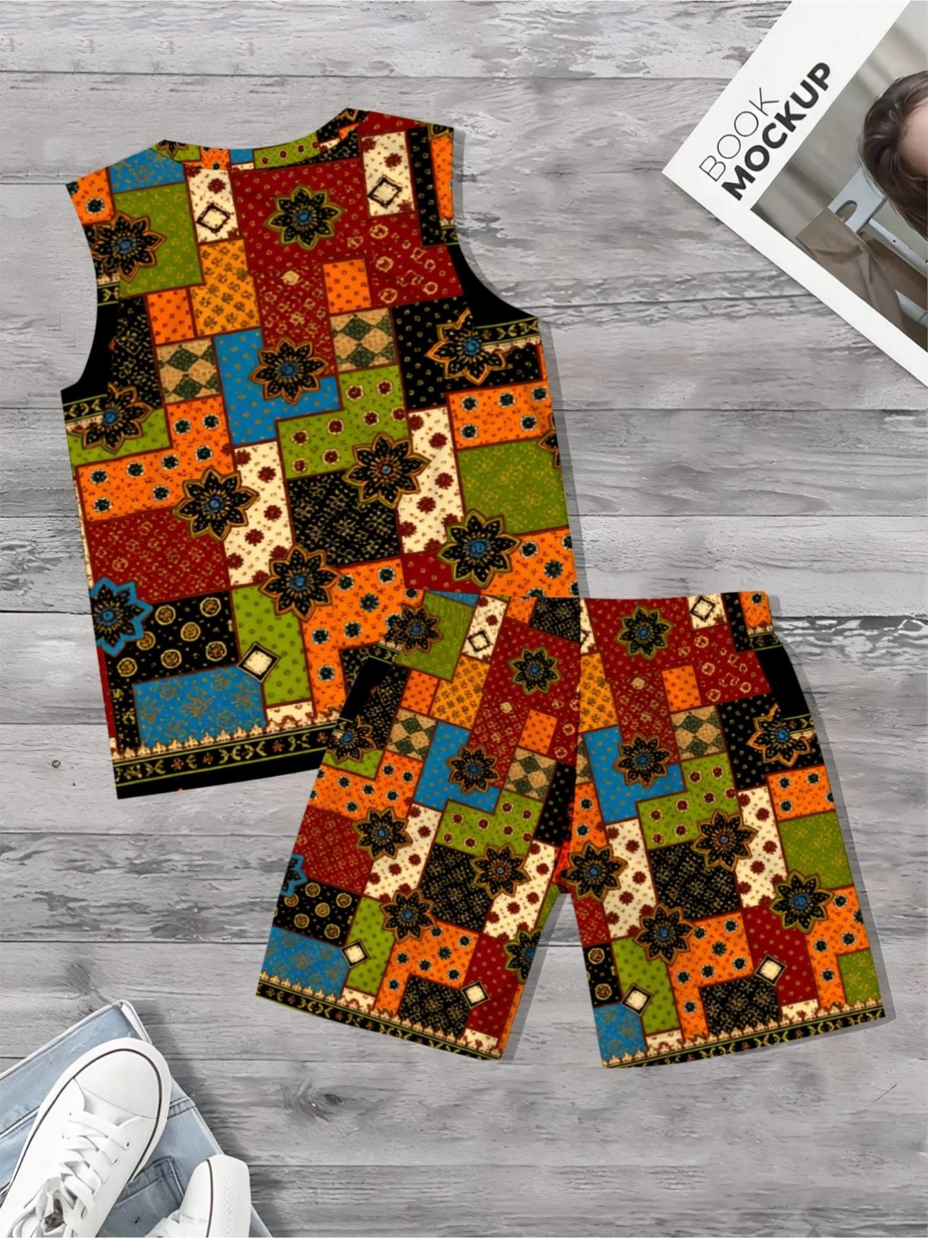Men's Ethnic Patchwork Print Sleeveless Summer Casual Set
