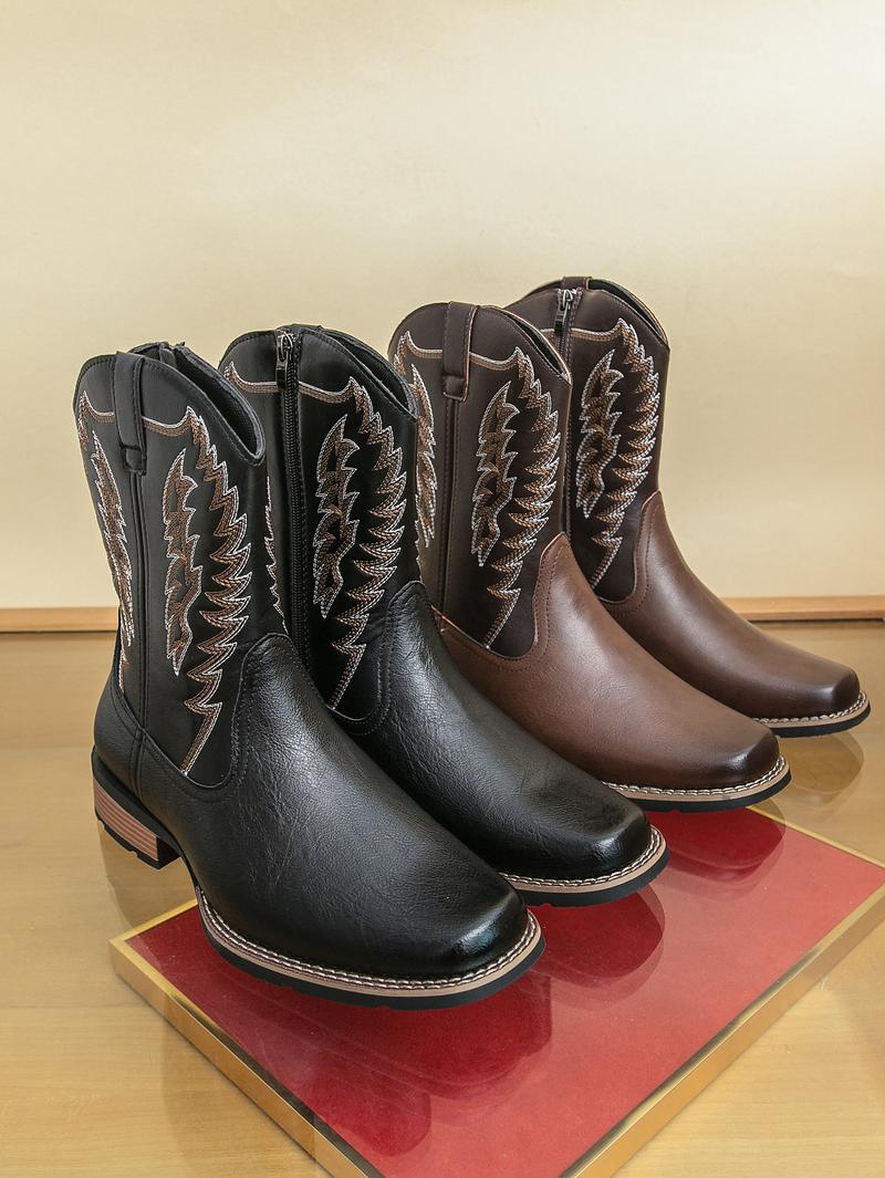 Men's West Wind Resilient Western Boots, Wide Square Toe Cowboy Leather Boots with Snow Feathers Embroidery, Anti-Slip Soft Firm Soles, Classic Western Fashion Footwear for Work, Riding & Daily Walking,mid-calf men,holiday boots