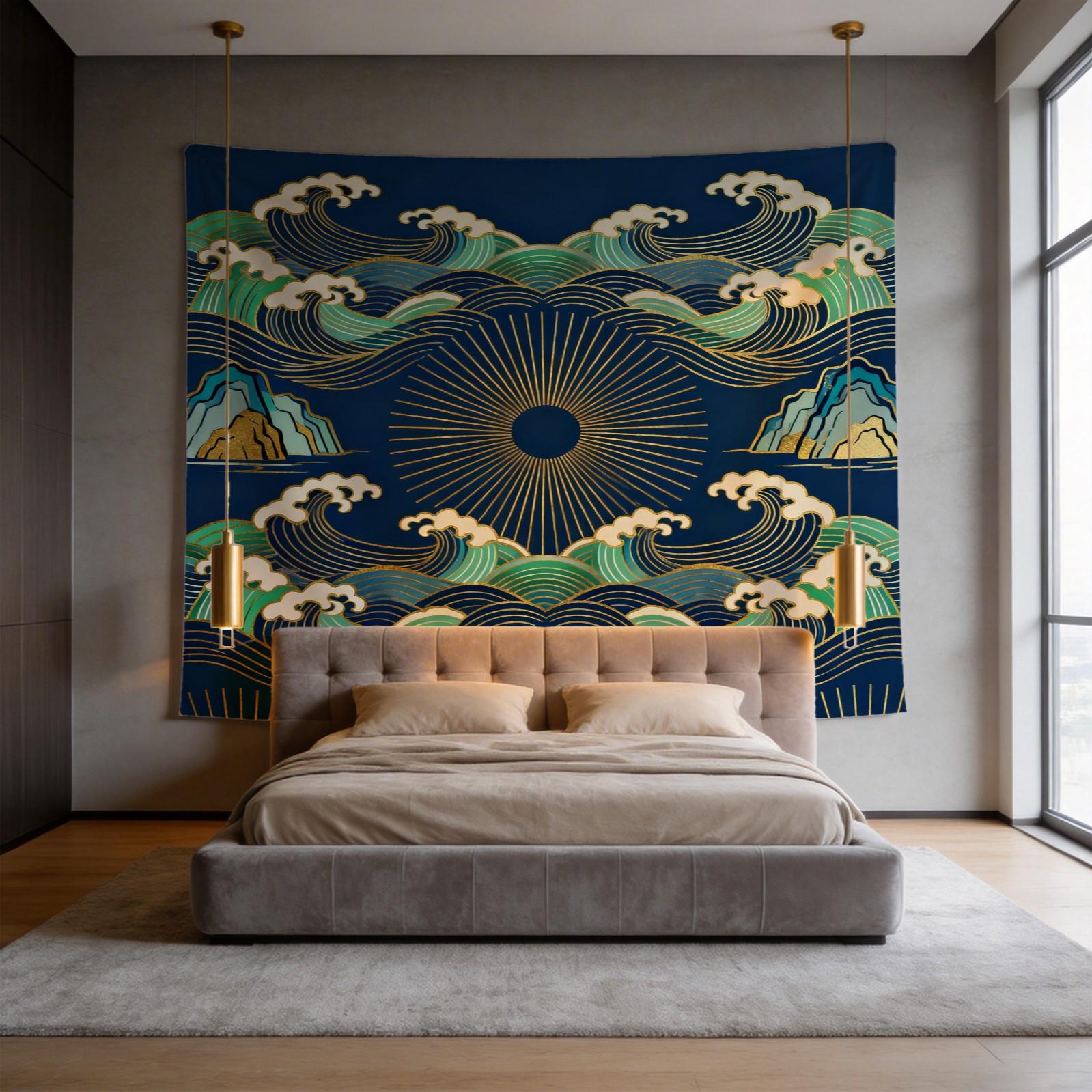 1 Piece Japanese Wave Sun Tapestry, Navy Blue Gold Foil Great Wave HD Digital Print Wall Hanging, Boho Polyester Tapestry, Lightweight Fade-Resistant, Easy to Hang for Bedroom, Living Room & Dorm