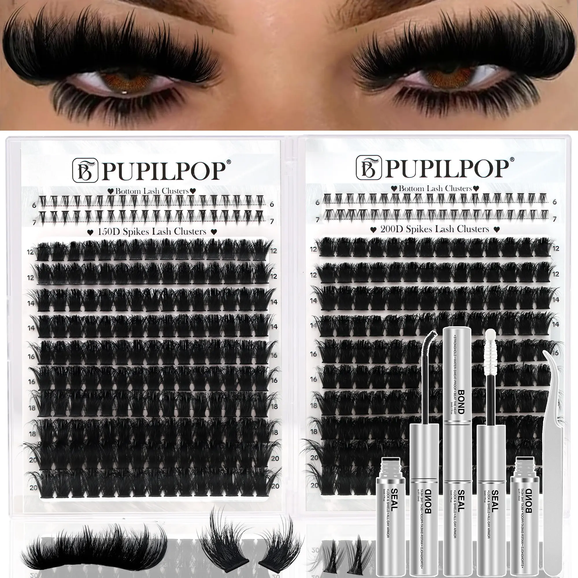 Pupilpop Lash Clusters Kit 370 PCS 150D 200D Spikes Lashes with Bottom Lash Clusters DIY False Eyelashes Individual Lash Extensions D Curl Ultra Thin Band 12-20mm Bottom 6-7mm Bond & Seal 42H Water & Sweat Proof Tweezer At Home Signature Look