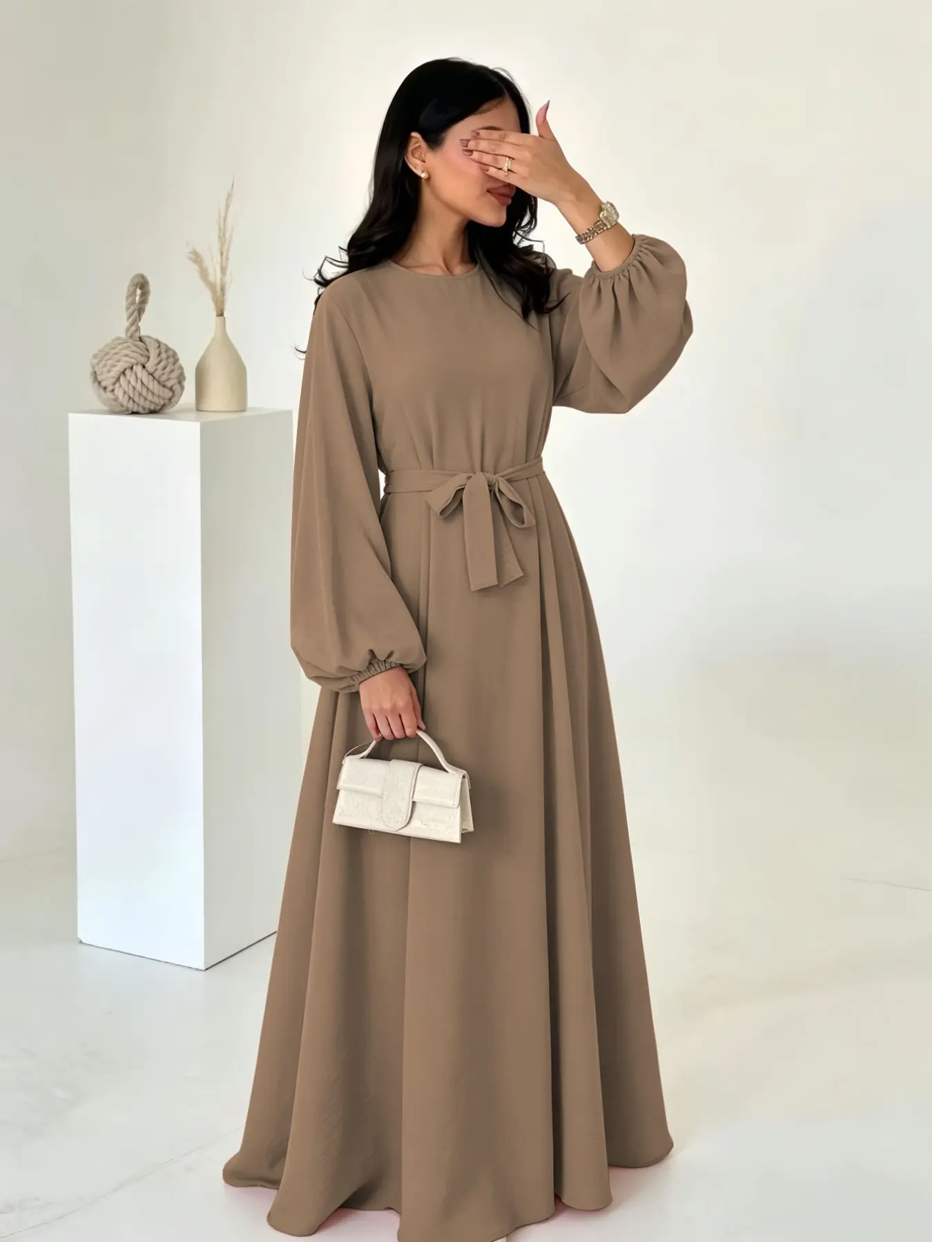 Modest Maxi Abaya Dress, Round Neck Puff Sleeve, Self-Tie Waist, Flowy Long Dress with Side Pockets, Casual Islamic for Women