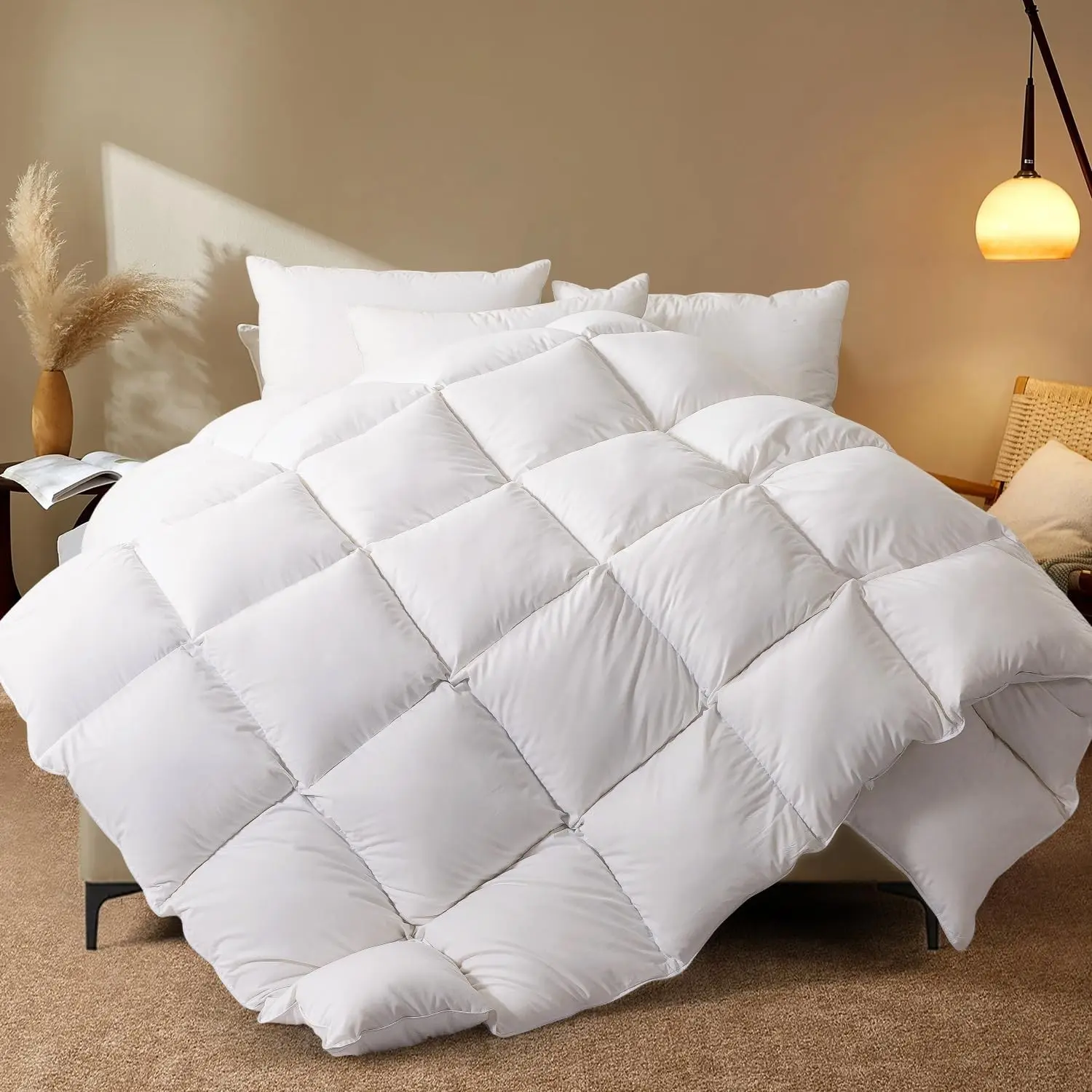 Feather Comforter Filled with Feather and Down Fiber, White King Size All Season Duvet Insert, Luxurious Hotel Bed Comforter, 100% Cotton Cover, Medium Warmth with Corner Tabs, 106x90 Inch