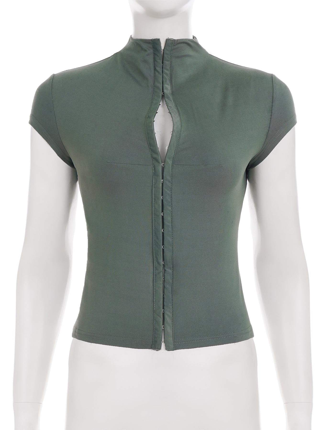 Women's Stand-Collar Solid Color Top, Short-Sleeve T-Shirt with Single-Button Hollow-Out Slim-Fit Design, Summer Casual Chic Top, Womenswear