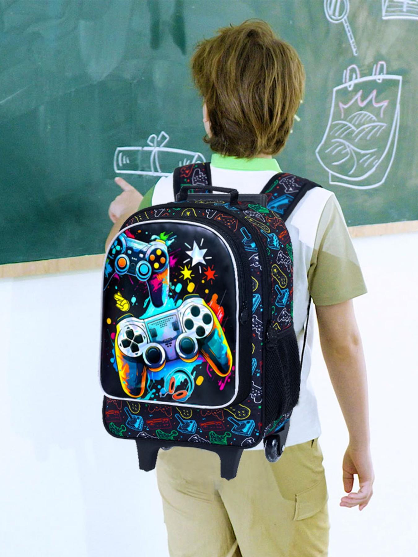 Three-Piece Wheel Backpack Set, Wheeled Elementary School Bag and Lunch Bag, Rolling Backpack for Boys and Girls, School Backpacks, Funny Bag, All Season Use