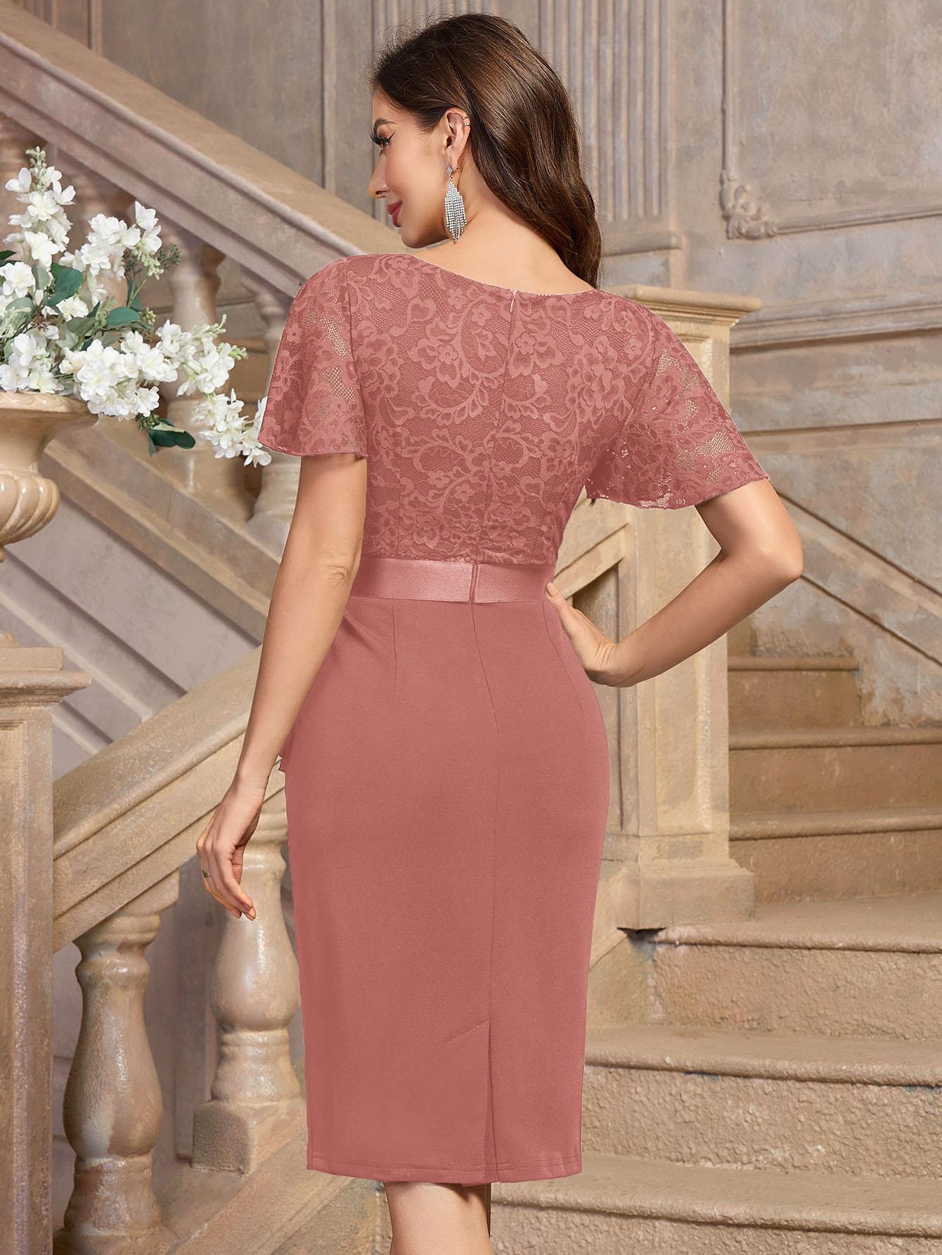 MIUSOL 84140A Women's Vneck Floral Lace V Neck Elegant Ruffle Shortsleeve Cocktail Party Slim Dress for Formal Wear Cocktail Party