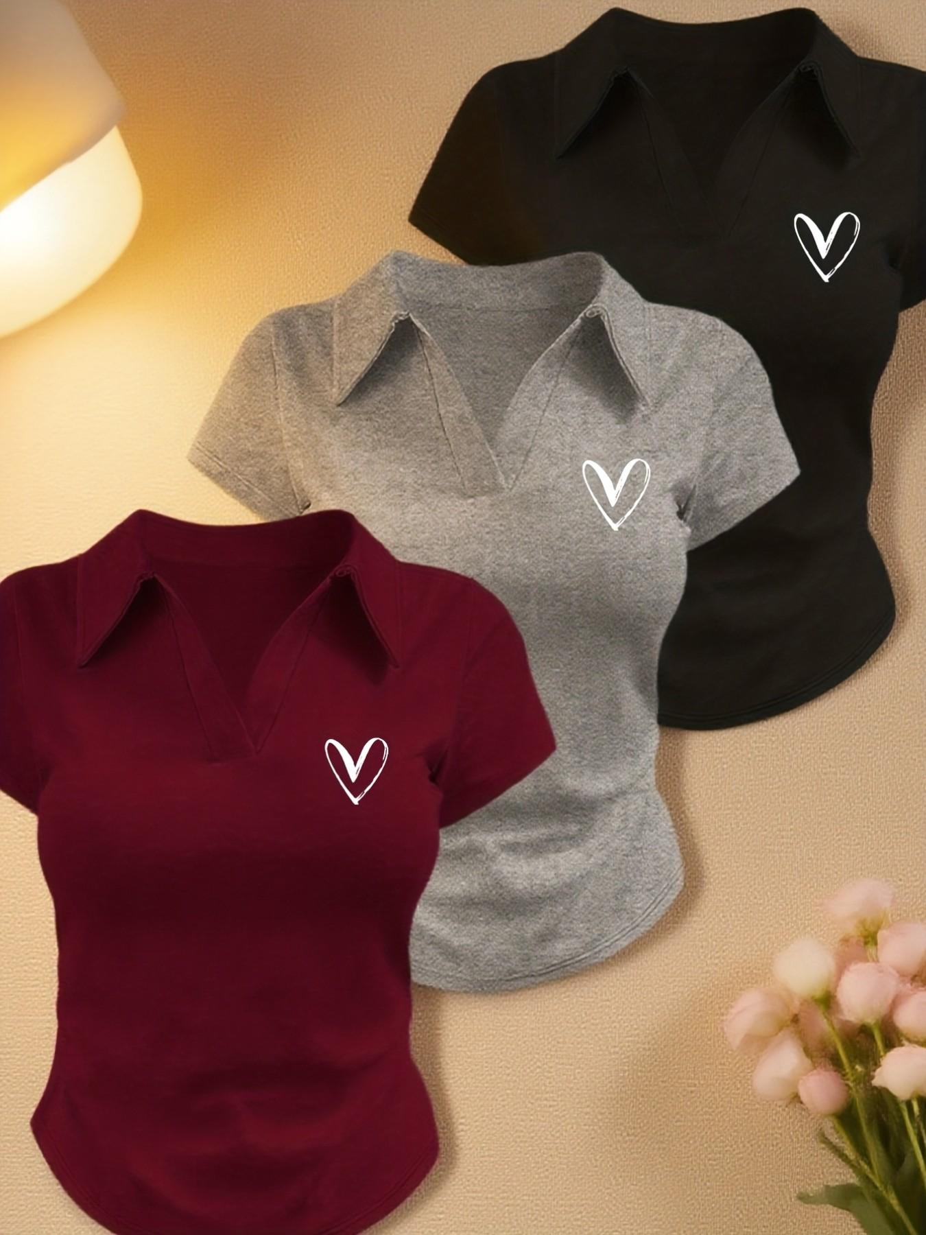 Women's 3 Pack Heart Graphic Polo Shirts, Short Sleeve V Neck Slim Fit Crop Tops, Soft Stretchy Y2K Aesthetic Tees, Casual Going Out Daily Wear for Teens, Juniors & Young Adults Women's 3 Pack Heart Graphic Polo Shirts, Short Sleeve V Neck Slim Fit Crop Tops, Soft Stretchy Y2K Aesthetic Tees, Casual Going Out Daily Wear for Teens, Juniors & Young Adults