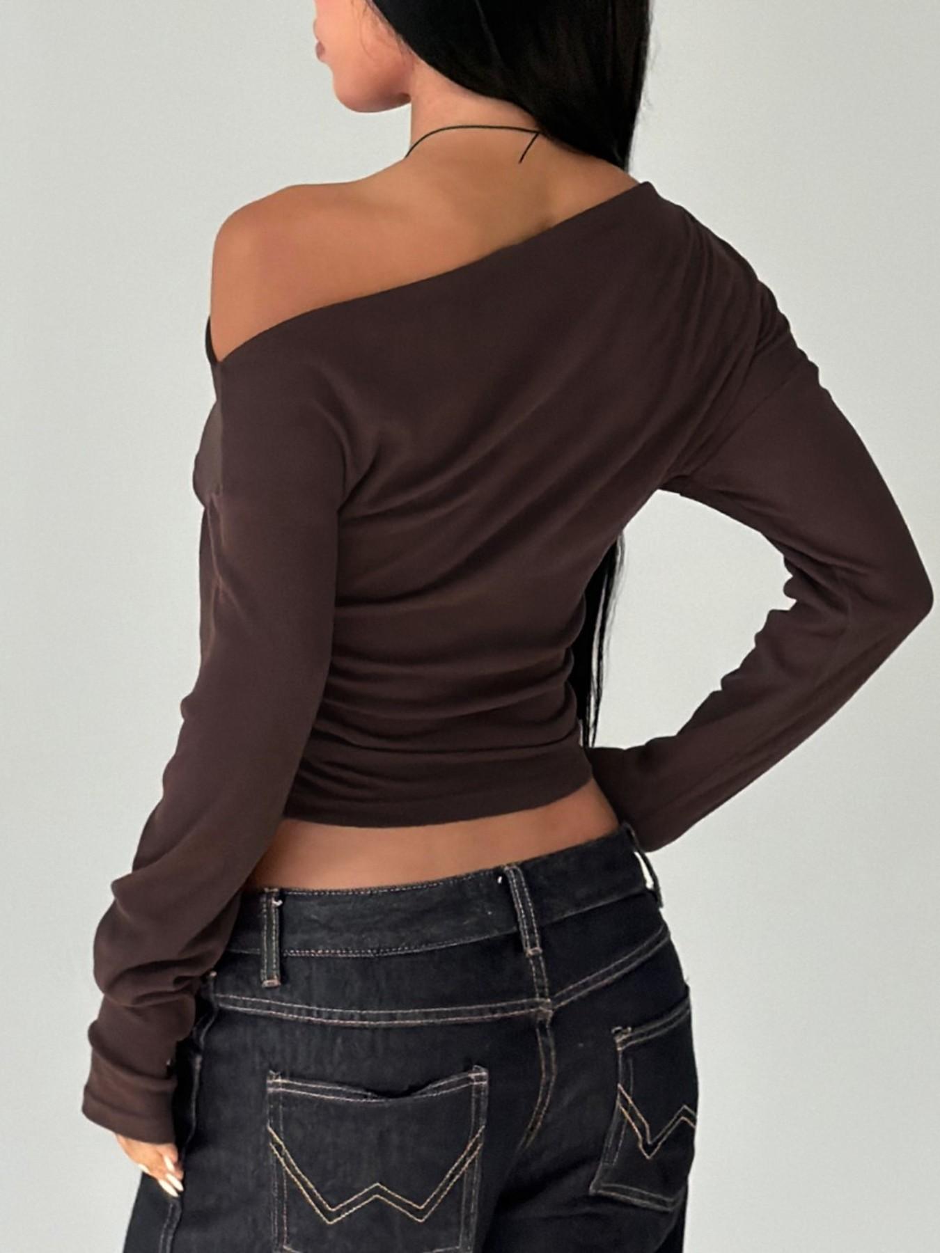 Womens Brown One Shoulder Long Sleeve Crop Top Asymmetric Neck Ruched Slim Fit Shirt Off Shoulder Bodycon Stretchy Going Out Top Sexy Streetwear Club Party Date Night Fall Autumn Casual Daily Wear Trendy Fashion Basic Layering Top
