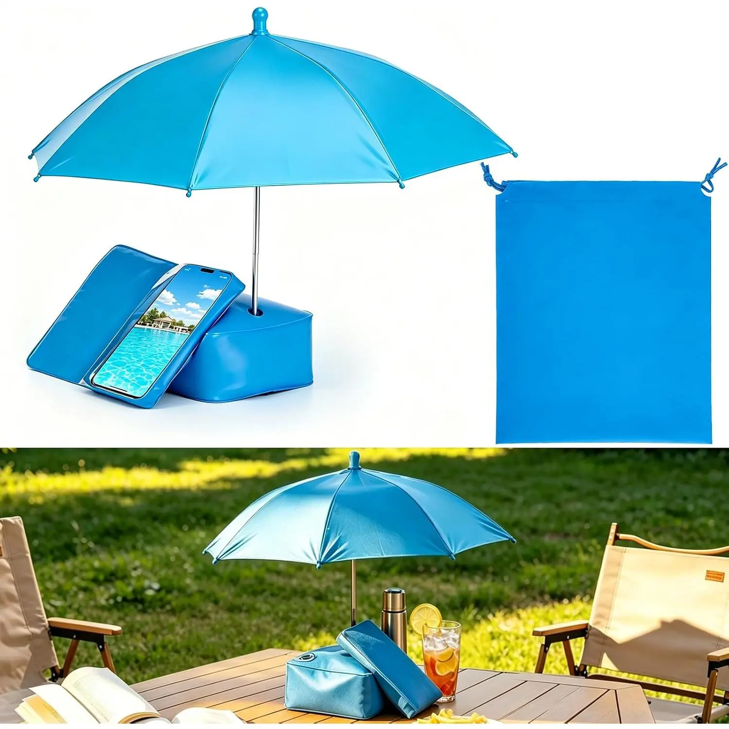 Poolside Mini Sun Shade Umbrella | Touch‑Screen Phone & Drink Holder, Water‑Fill Base, 19.7" Adjustable Canopy, Portable Shade for Beach Pool Patio Camping with Carry Bag