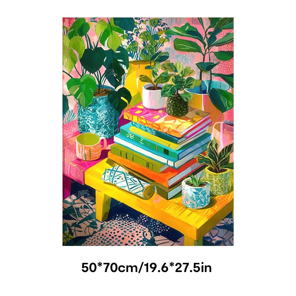 Vibrant Wall Art, Colorful Maximalist Houseplant & Book Stack Still Life Poster, Boho Expressionist Style Printing, Multicolor Bright Tone Canvas Decoration, Living Room & Study Aesthetic, Perfect Housewarming Gift, Framed.