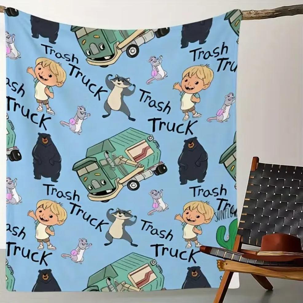 Trash Truck Adorable Cartoon Utility Vehicle Flannel Blanket, Soft Skin-Friendly Polyester Blanket, Baby Blankets and Adult Blankets, Warm Cozy Throw for Sofas, Beds, Camping, All-Season Textile Bedding, Perfect Birthday Holiday Gift for Kids and Family
