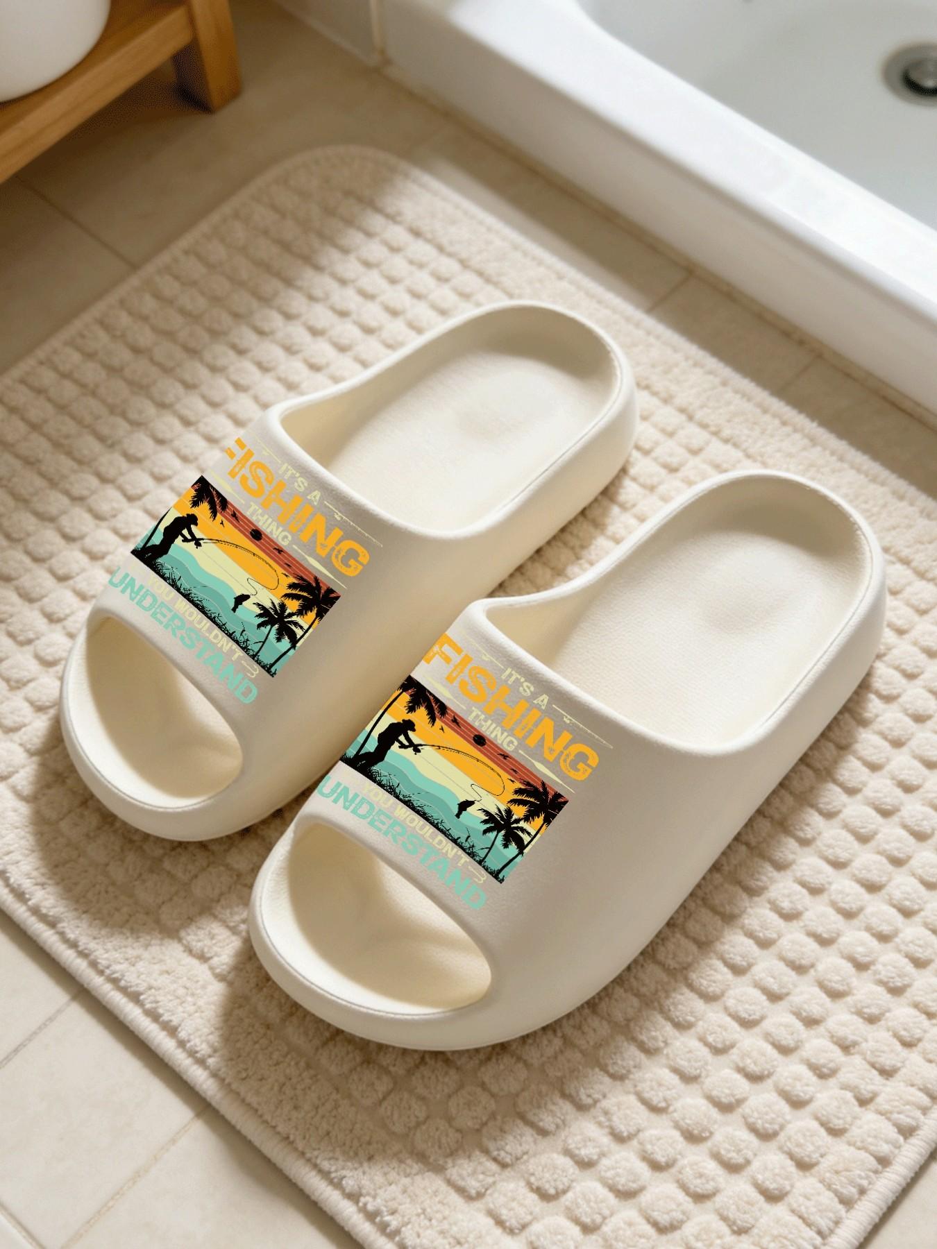 1 Pair Fishing Themed Printed Slippers, Outdoor Casual Style, Non-slip Soft Sole Open Toe Slides, Indoor & Outdoor Dual-use Bathroom Slides