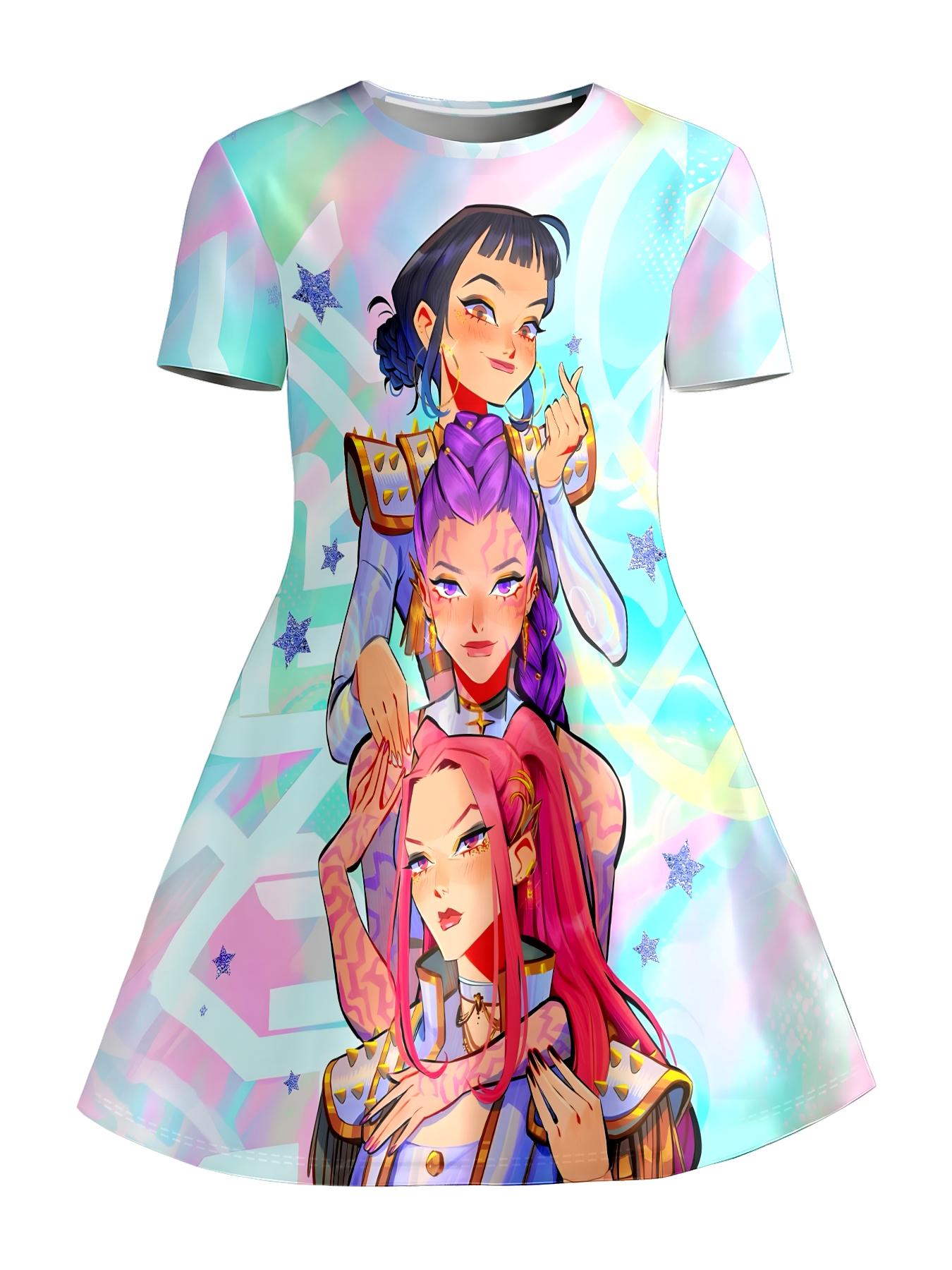 Girls Holographic Gradient Anime Girl Group Print Dress, Kids Crew Neck Short Sleeve A-Line Princess Skirt, Casual Summer Skirt for Big Kids
