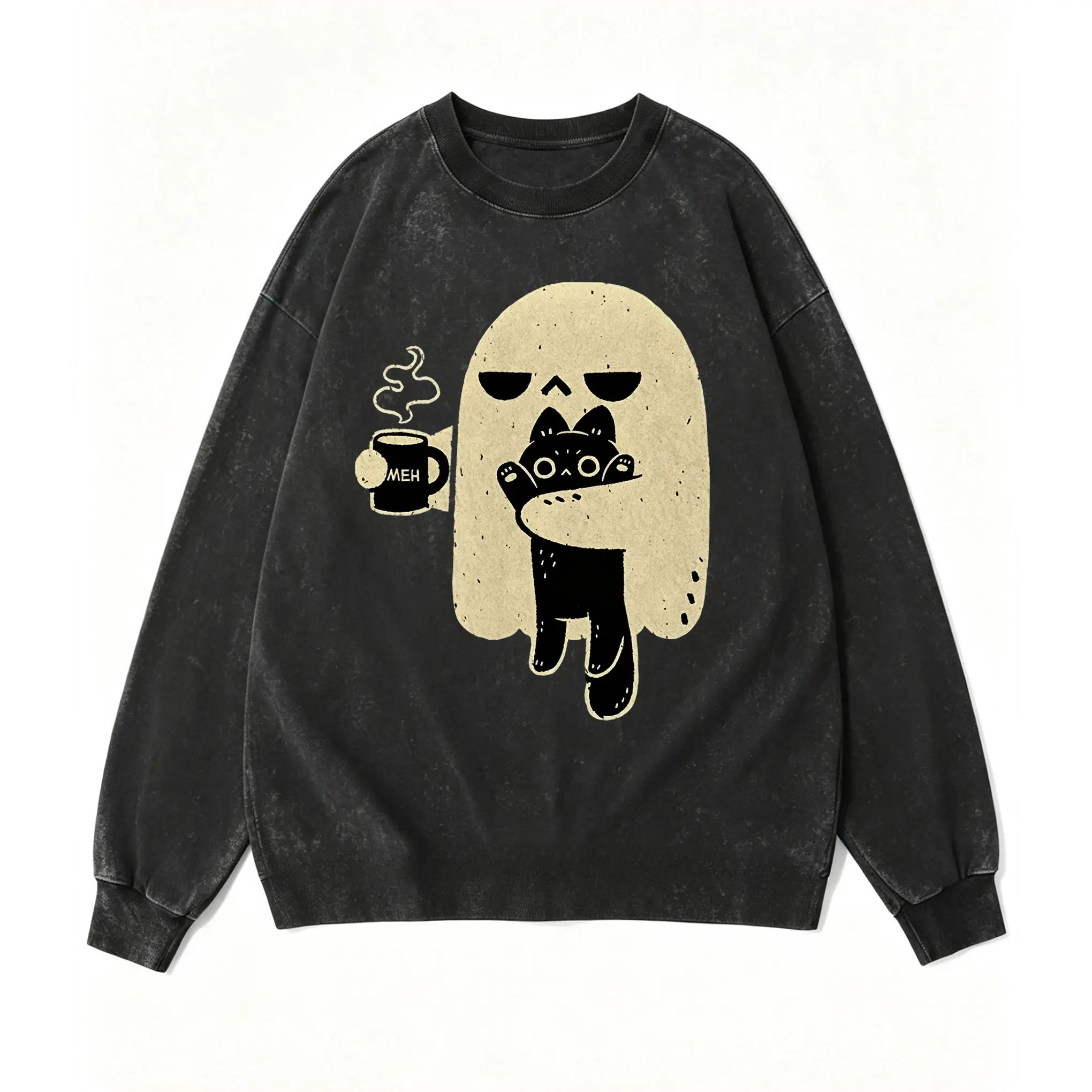 Cute Ghost with Black Cat Sweatshirt, Coffee Lover Spooky Season Shirt, Vintage Charcoal Wash Long Sleeve, Black Cat Mom Halloween Gift