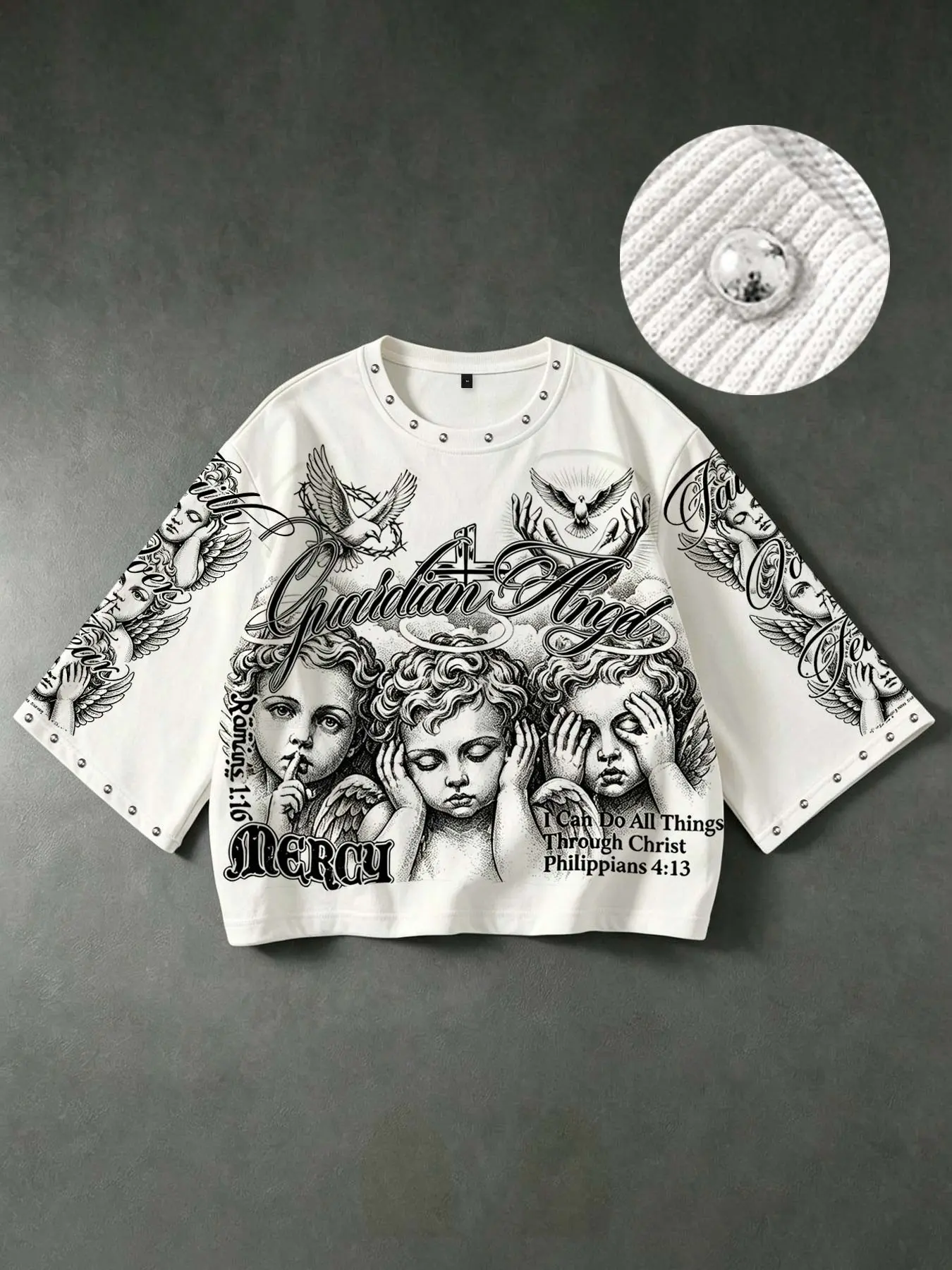Vintage-style Guardian Angel & Bible print 3/4-sleeve T-shirt featuring a studded crew neck; a versatile, casual top blending Y2K, dark aesthetic, and hip-hop streetwear styles.