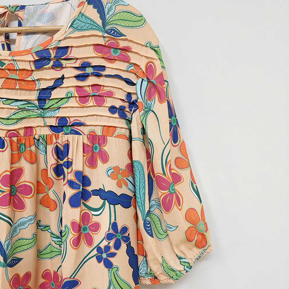 SageVell Floral Pleated Blouse Puff Sleeve Top Breathable Cascading Pleat Top Colorful Botanical Print Blouse Tropical Vibe Cloth SpringStatements