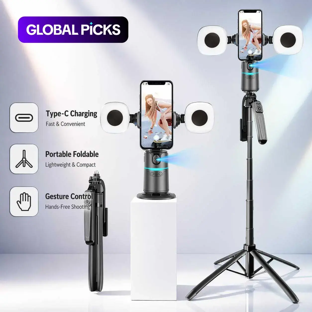 360-Degree Rotatable Face Tracking Smart Selfie Stick Gimbal, Portable Foldable Phone Stabilizer, Smartphone Selfie Stick with Light, Cellphone Selfie Accessory, Selfie Accessories for Video Recording, Tripod, Selfie Light, Selfie Stand #GLOBAL PICKS