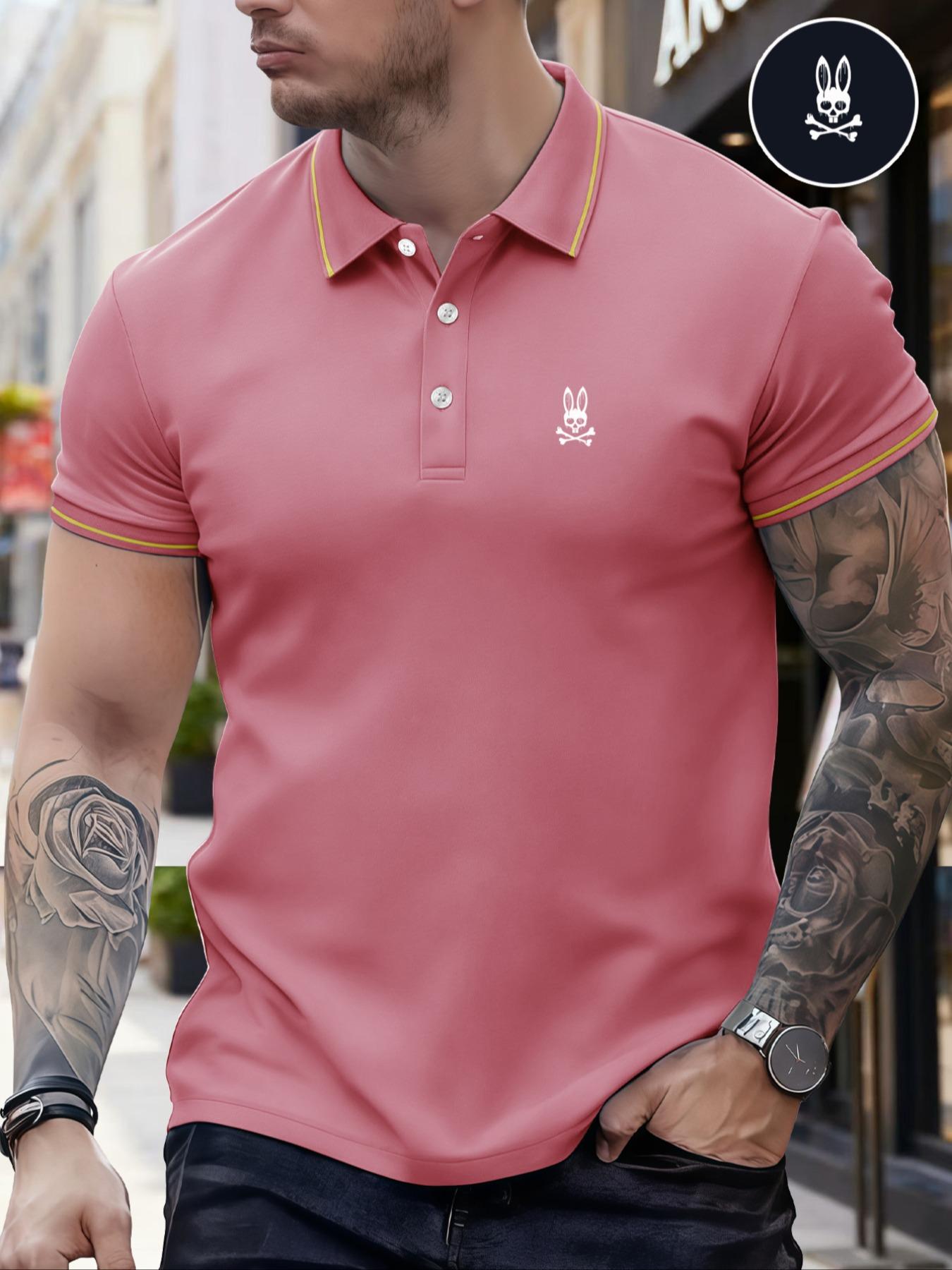Men's Regular Fit Letter Print Skull Rabbit Contrast Trim Polo Shirt, Casual Short Sleeve Half Zip Top for Summer, Fashion Men's Clothes for Daily Wear, Menswear Men's Regular Fit Letter Print Skull Rabbit Contrast Trim Polo Shirt, Casual Short Sleeve Half Zip Top for Summer, Fashion Men's Clothes for Daily Wear, Menswear