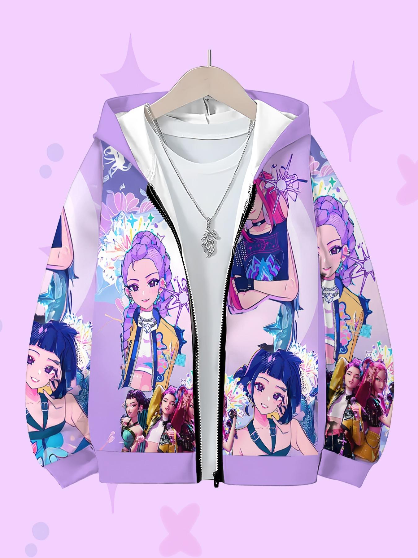 Girls Lightweight Hooded Zipper Sweatshirt, Casual Fall & Winter Wear, Fitted Random Print Design, Durable Daily Outdoor Activities, Graphic Hoodies, Aesthetic Hoodie