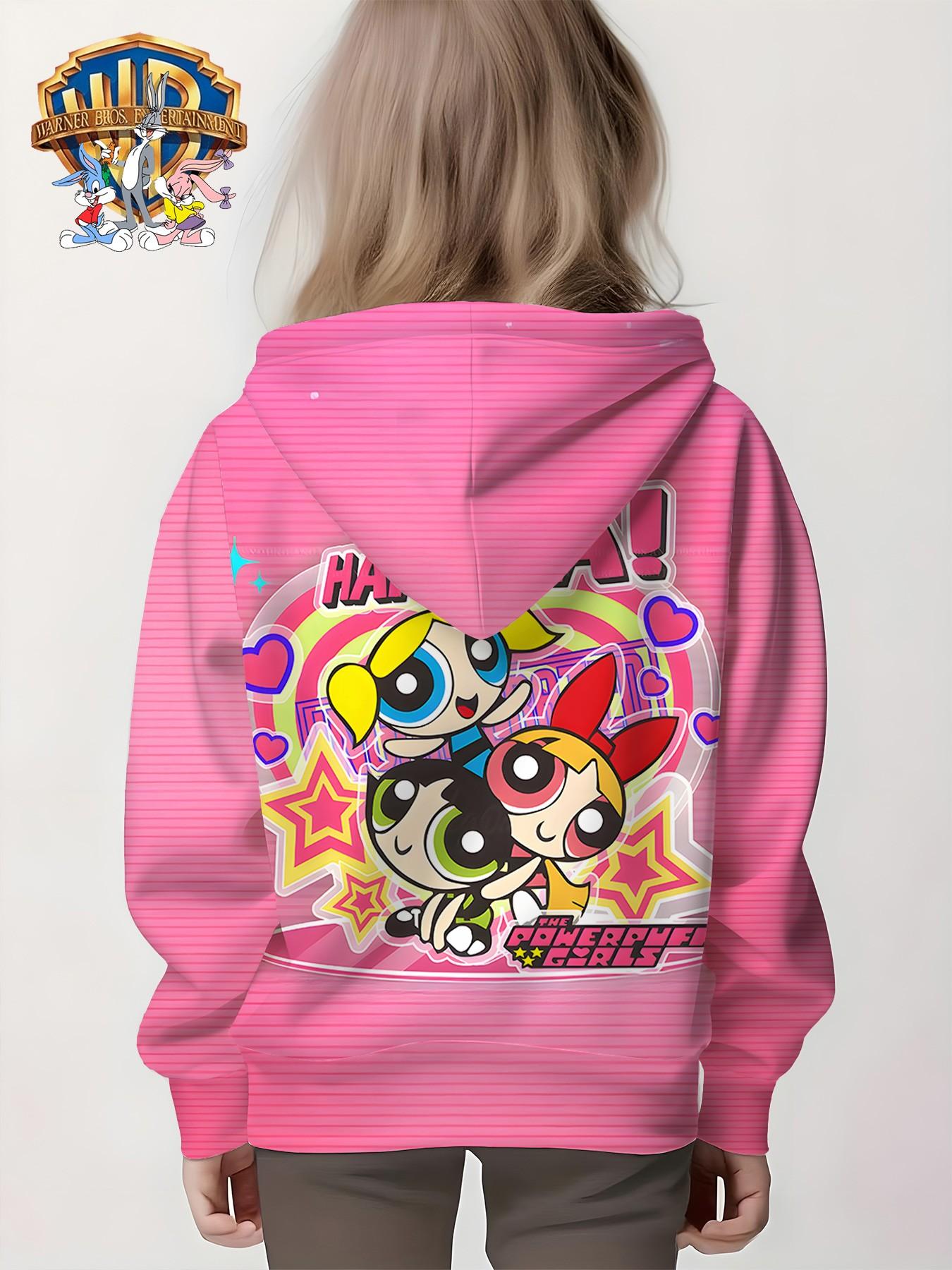 Wb Official the Powerpuff Girls Kids Hoodie, Girl Cartoon Striped Long Sleeve, Fall Winter Casual Loose Fit, Back-To-School Fun Sweatshirt