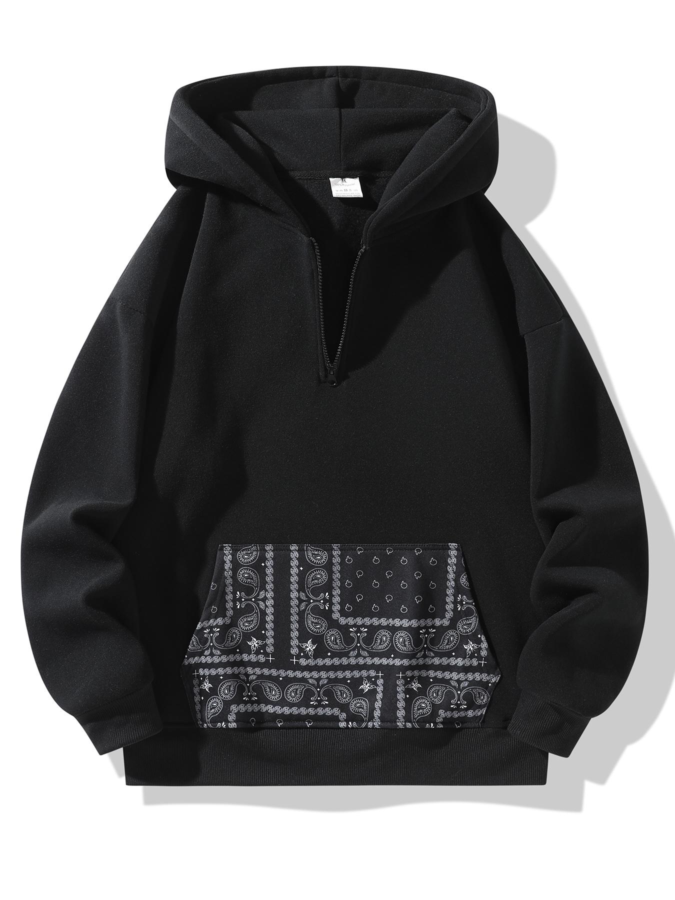Unisex Retro Ethnic Patchwork Half Zip Hoodie, Casual Comfy Regular Fit Long Sleeve Pullover for Fall & Winter Daily Wear, Casual Fashion Ethnic Pattern Sweatshirt