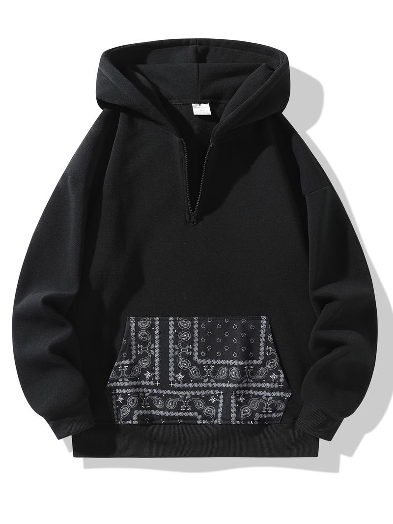 Unisex Retro Ethnic Patchwork Half Zip Hoodie, Casual Comfy Regular Fit Long Sleeve Pullover for Fall & Winter Daily Wear Unisex Retro Ethnic Patchwork Half Zip Hoodie, Casual Comfy Regular Fit Long Sleeve Pullover for Fall & Winter Daily Wear