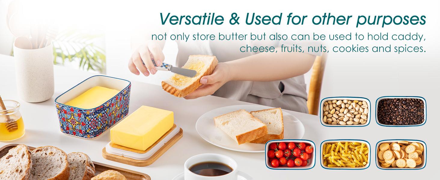 vancasso SIMI Butter Dish with Lid, 6.5" Large Butter Dish for Countertop, Bohemian Ceramic Butter Keeper Container with Knife and Bamboo Lid, Butter Holder for Counter