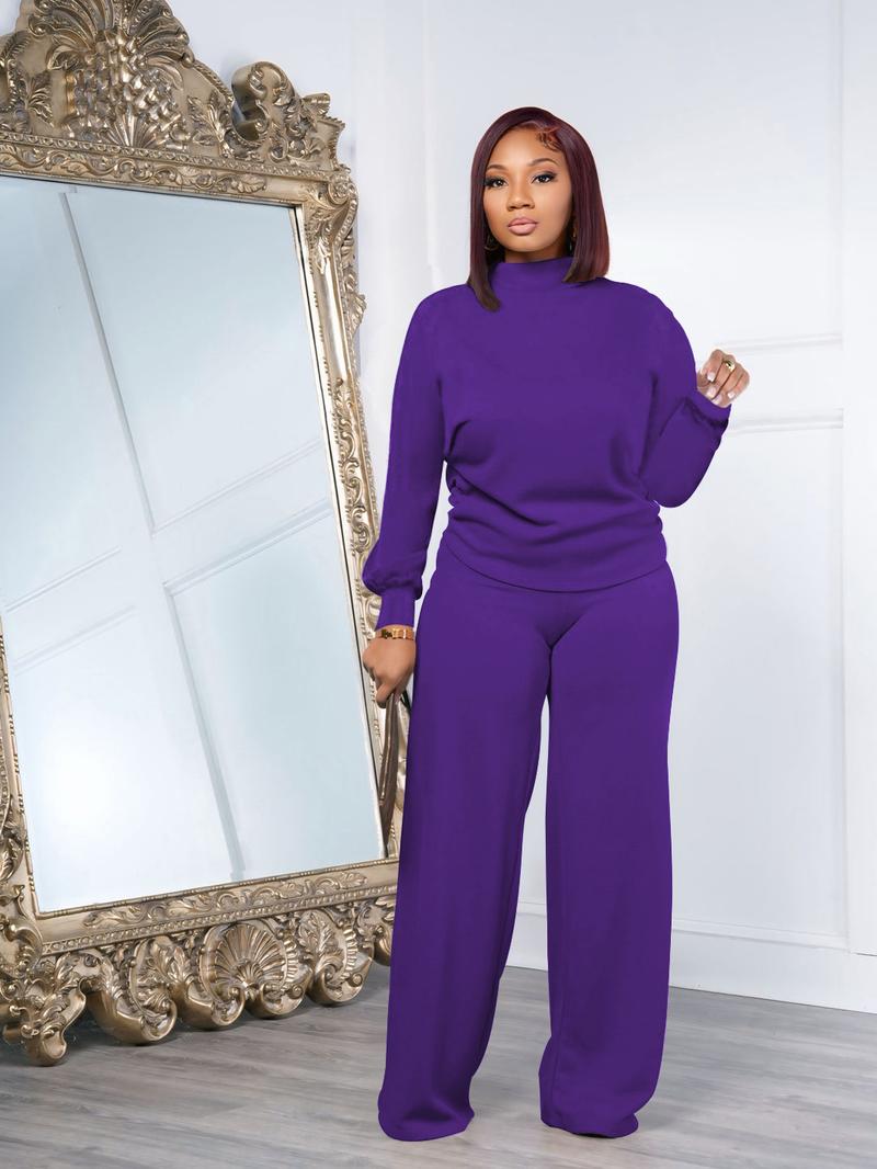 USBoutiqueCHIC Women's Chic Fall Winter Silky Soft 2-Piece Set - Long Sleeve Semi High Neck Loose Top & Wide Leg Pants, Casual Cozy Outfit for Daily Wear