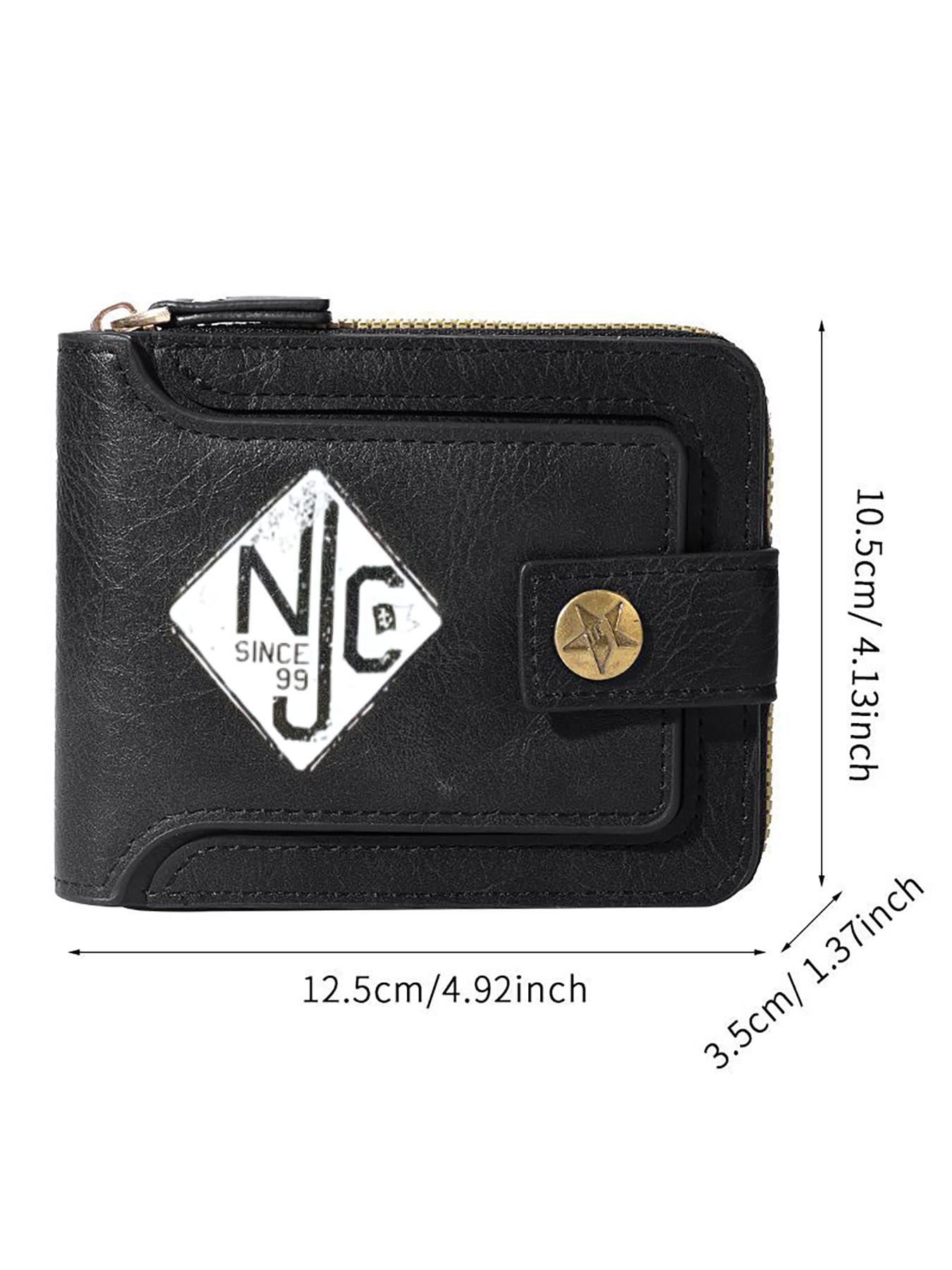 Vintage Black Leather Wallet with NJC Logo Print Design  Stylish Daily Use Gift for Men  Durable Zipper and Button Closure  Perfect Birthday  Christmas  Father's Day  Valentine's Day Gift for Boyfriend  Husband  and Friends  Practical Travel and Office