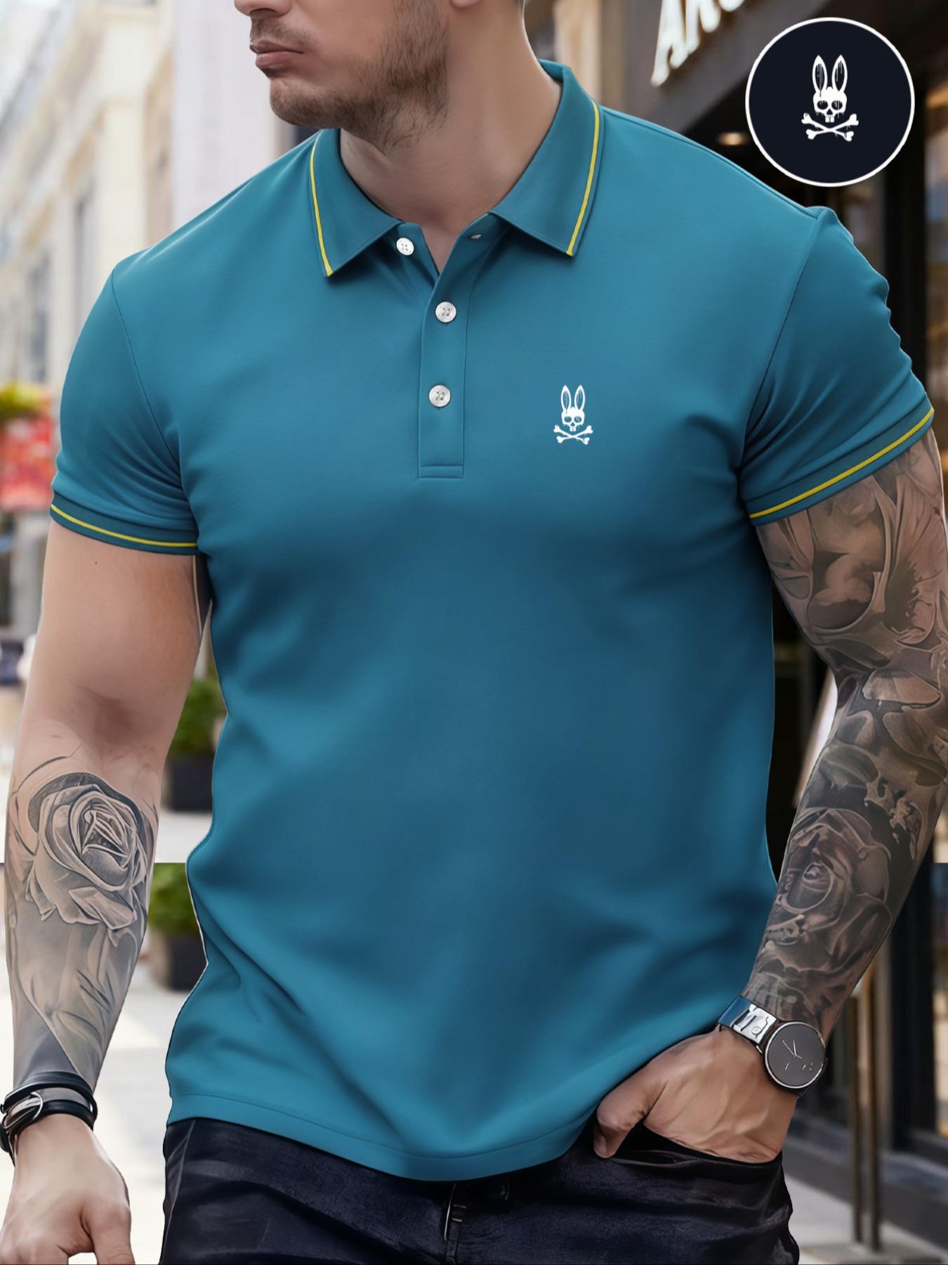 Men's Regular Fit Letter Print Skull Rabbit Contrast Trim Polo Shirt, Casual Short Sleeve Half Zip Top for Summer, Fashion Men's Clothes for Daily Wear, Menswear Men's Regular Fit Letter Print Skull Rabbit Contrast Trim Polo Shirt, Casual Short Sleeve Half Zip Top for Summer, Fashion Men's Clothes for Daily Wear, Menswear