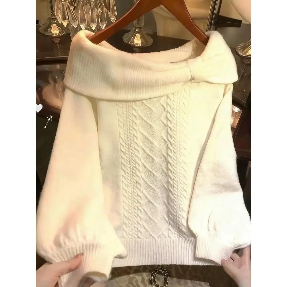 Winter Sweet Kawaii Patchwork Sweater Women Japanese Fashion Vintage Hot Girl Knitted Tops Y2k Elegant Cute Bow Pullover New