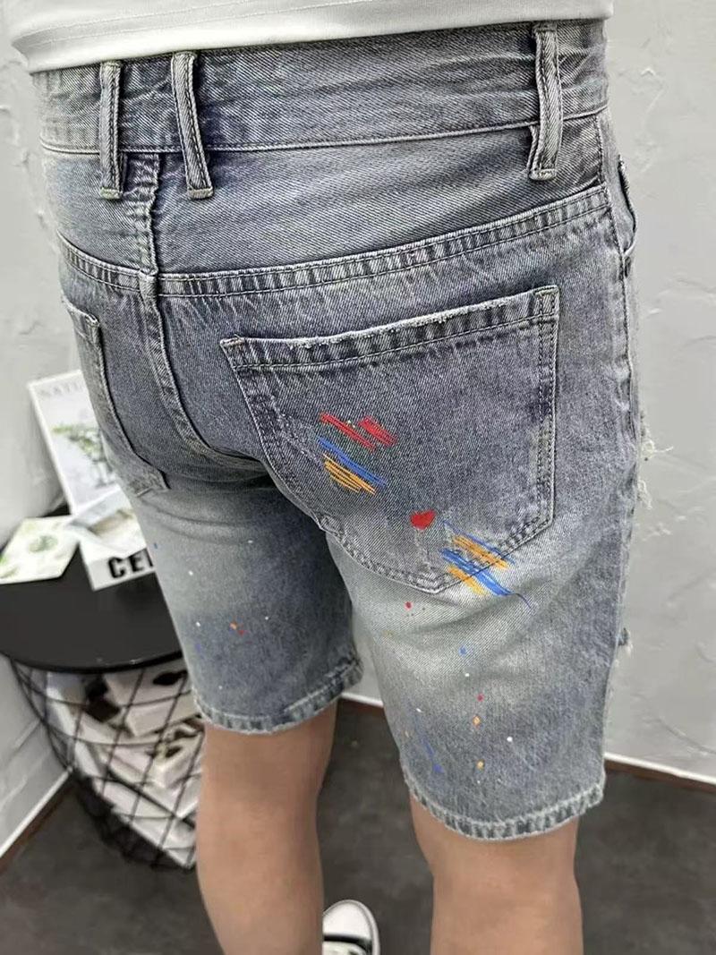 Z356  Men's denim shorts, trendy high street style, heavy-duty ripped, splatter-paint, slim-fit, stretchy mid-length shorts