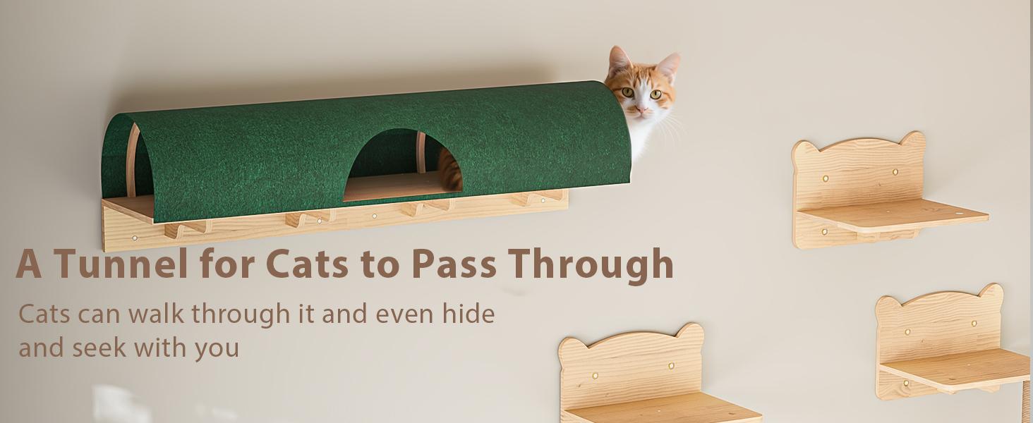 PUKAMI Cat Wall Shelves, Wooden Feline Furniture, 9 Pcs Set Wall Mounted Cat Shelves with Bed, House, Steps, Bridge Ladder and Scratching Post for Indoor Climbing, Sleeping, Playing