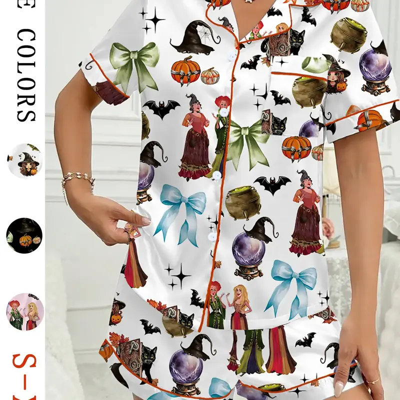 【Halloween】 Pumpkin & Bat Print Short Sleeve Fitted Women's Pajama Set Pjs, Comfortable Elastic Casual Sleepwear and Loungewear for Halloween, Perfect for Sleep and Leisure, Loungewear and Homewear