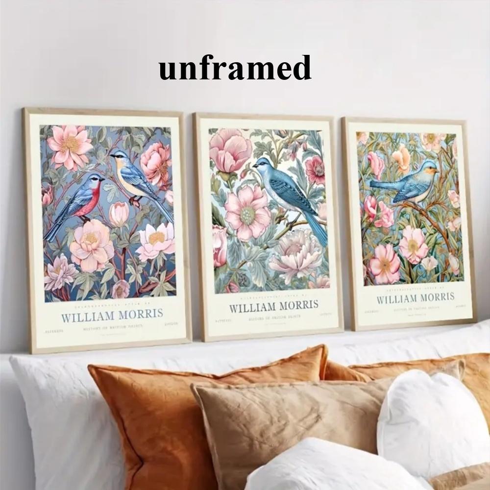 3 Pieces Optional Wooden Frame William Morris Floral Bird Wall Poster Canvas Painting Floral Wall Art Plant Retro Print Living Room Home Decor Color Accurate Reproduction Hanging Painting Clear Texture Canvas Print