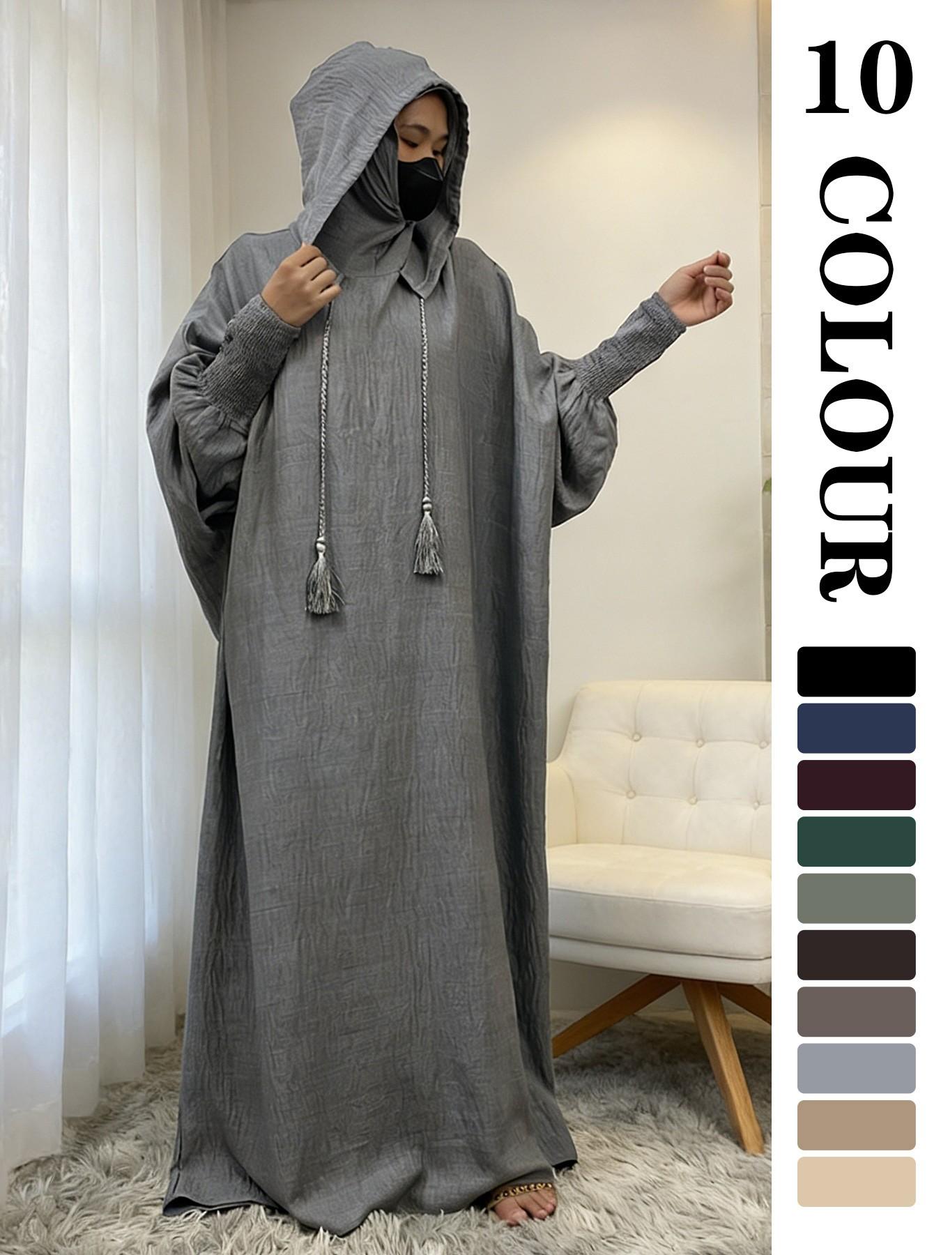 Women's Solid Color Batwing Sleeve Drawstring Hooded Dress, Casual Long Sleeve Shirred Cuff Long Dress for Spring & Fall, Women's Islamic Clothing for Daily Wear