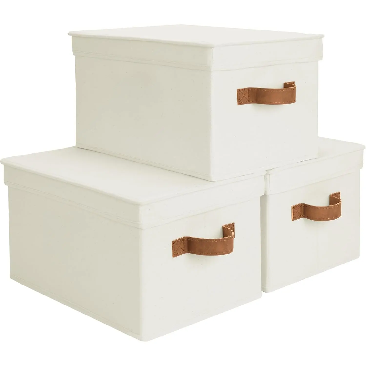 Fabric Storage Bins with Lids, Decorative Storage Bins with PU Handles, Foldable Storage Baskets for Closet, Shelves, Stackable and Sturdy Organization, Ivory, Large, 3-Pack