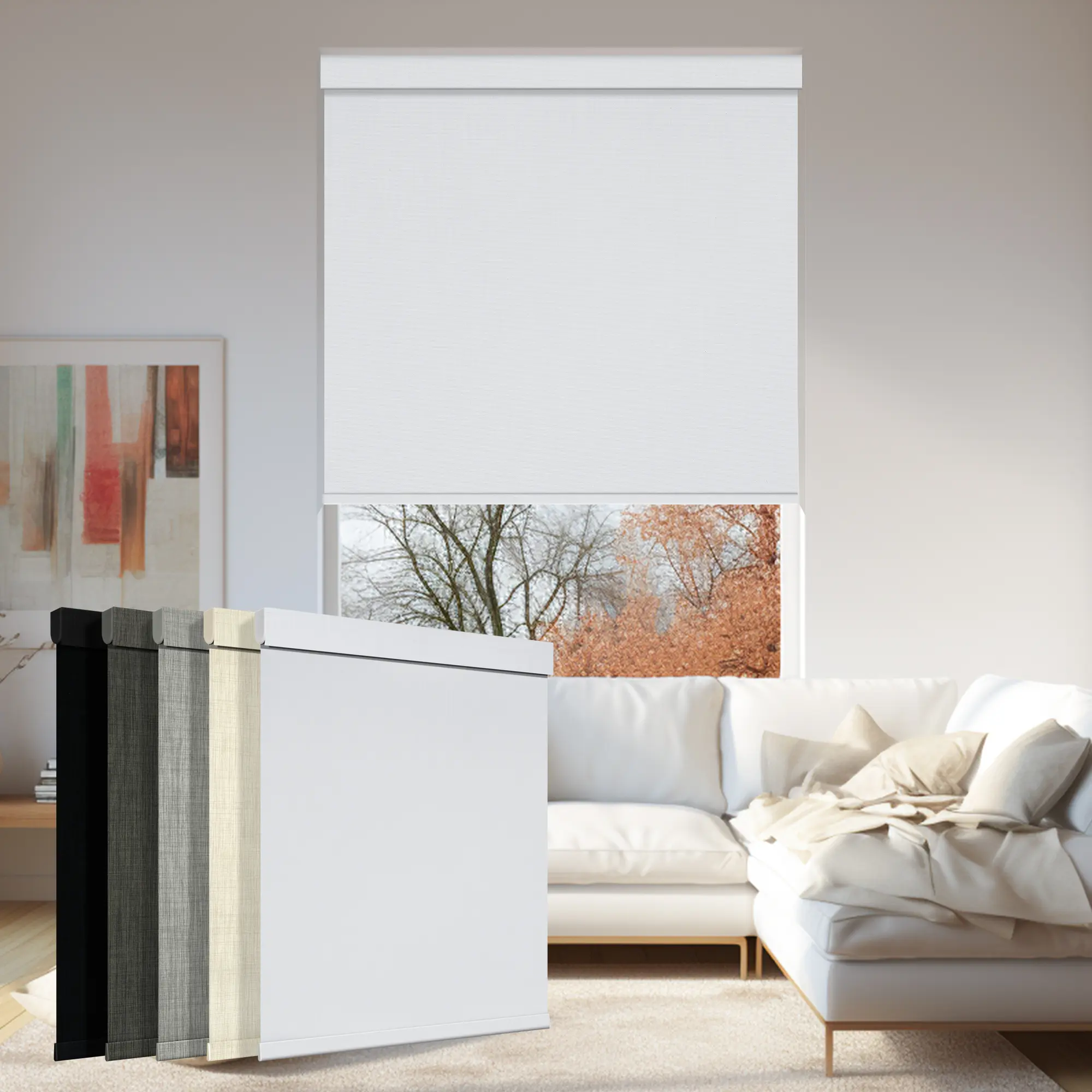 Pocageum roller shades, window roller blinds, blackout roller shades, light-filtering window blinds, home window treatments, roller shades with valance, privacy window shades, white mechanism shades for bedroom, home window décor, indoor furnishings