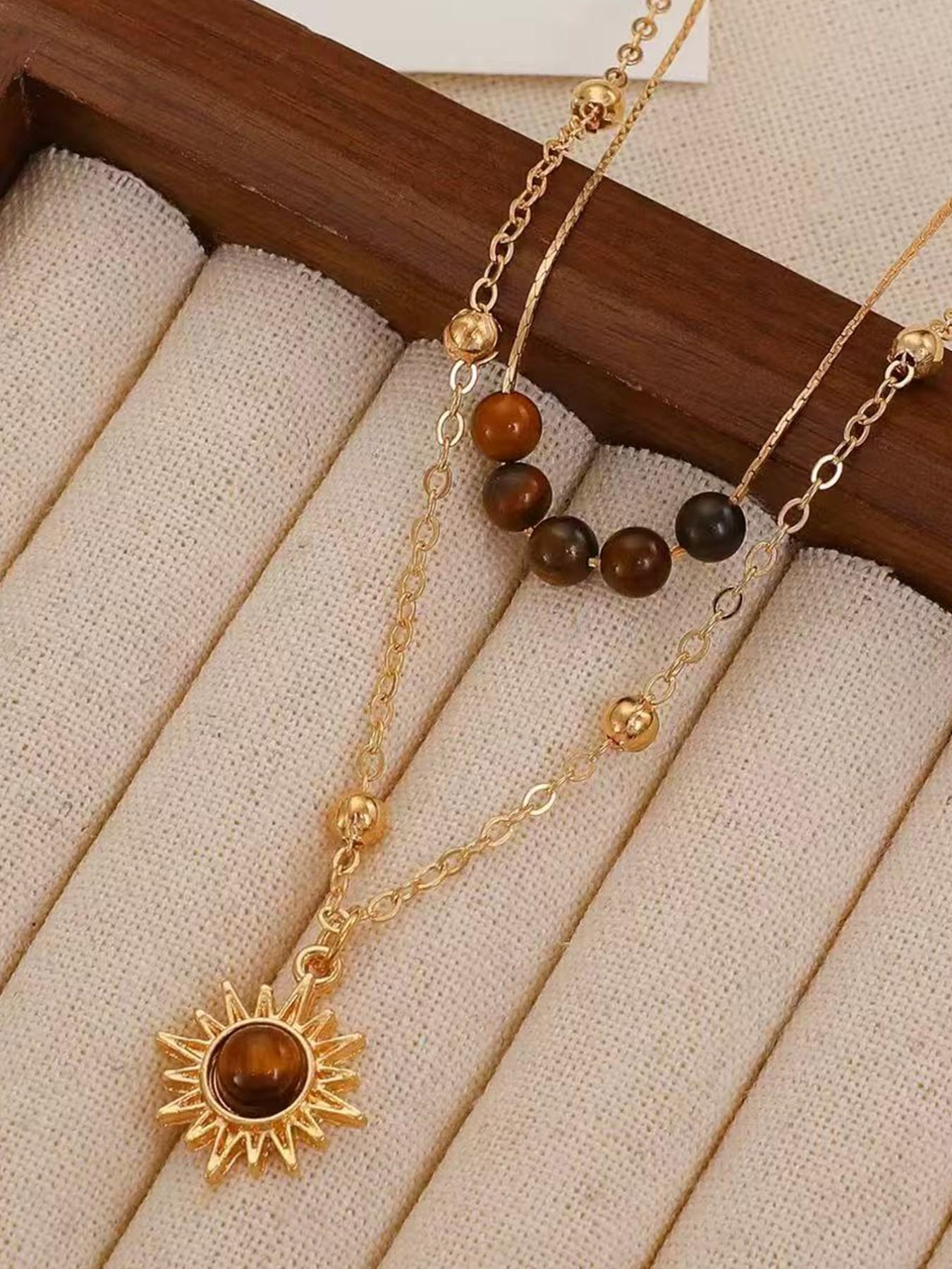 Boho Layered Sun Pendant Necklace, Gemstone Sun Necklace, Bead Choker, Faux Opal Sunburst, Sunshine Chain Necklace for Women
