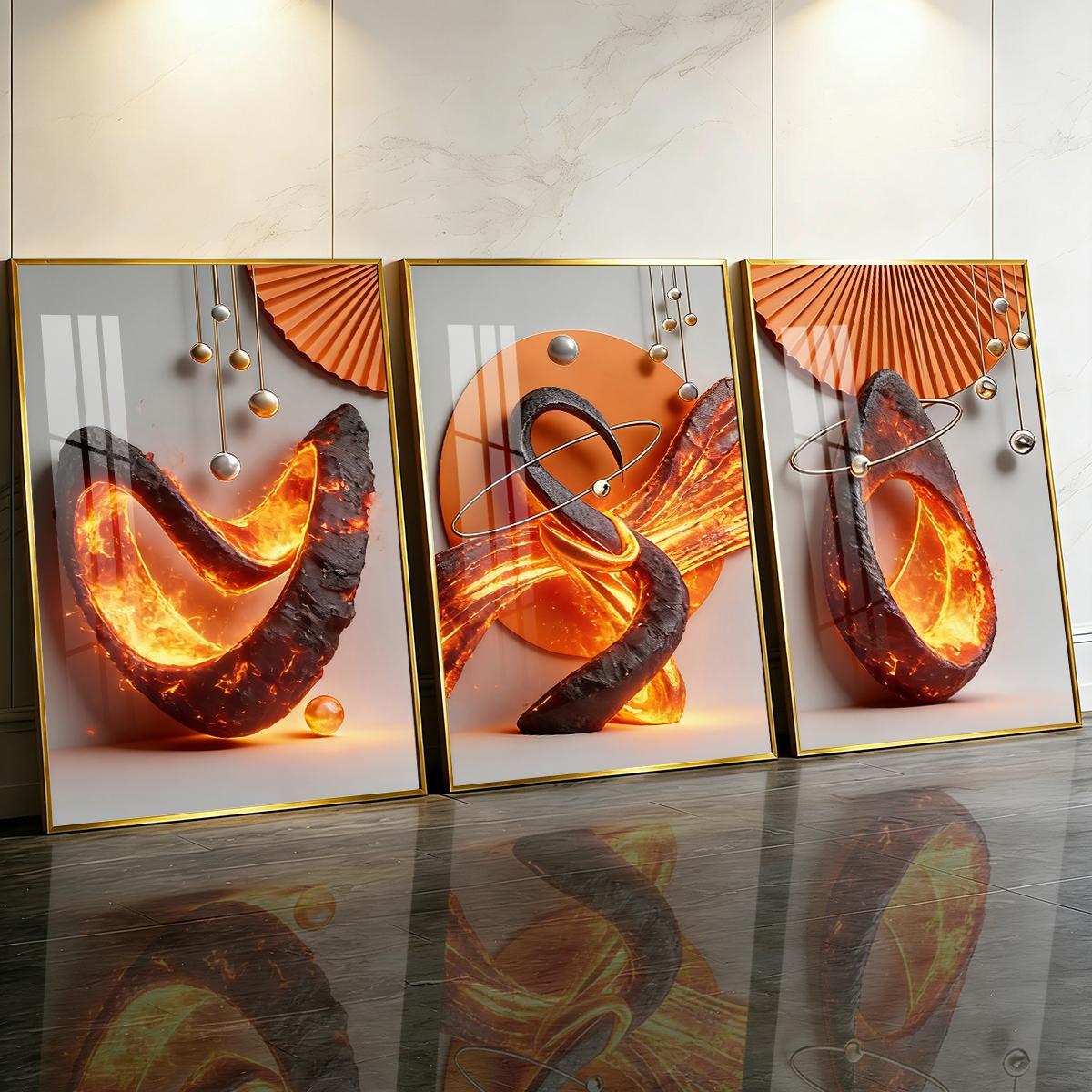 3 Counts Aluminum Alloy Framed Painting, Abstract Lava Flame Sculpture Pictures, Home Decoration For Living Room, Bedroom, Office, Restaurant, Hallway Wall Decor, Odorless Print Artwork, Luxury Perfect Gift For Friends And Family