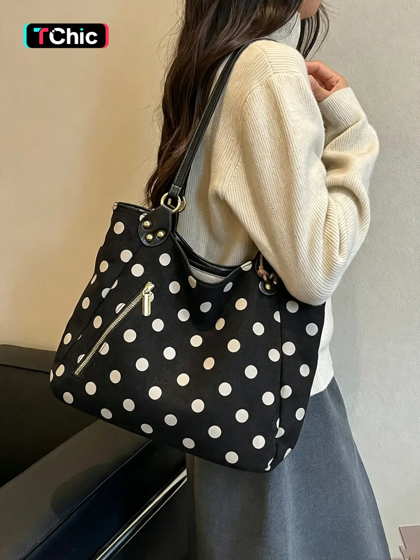 Relaxed style wave print tote bag; metal studded large capacity shopping shoulder bag; underarm bag