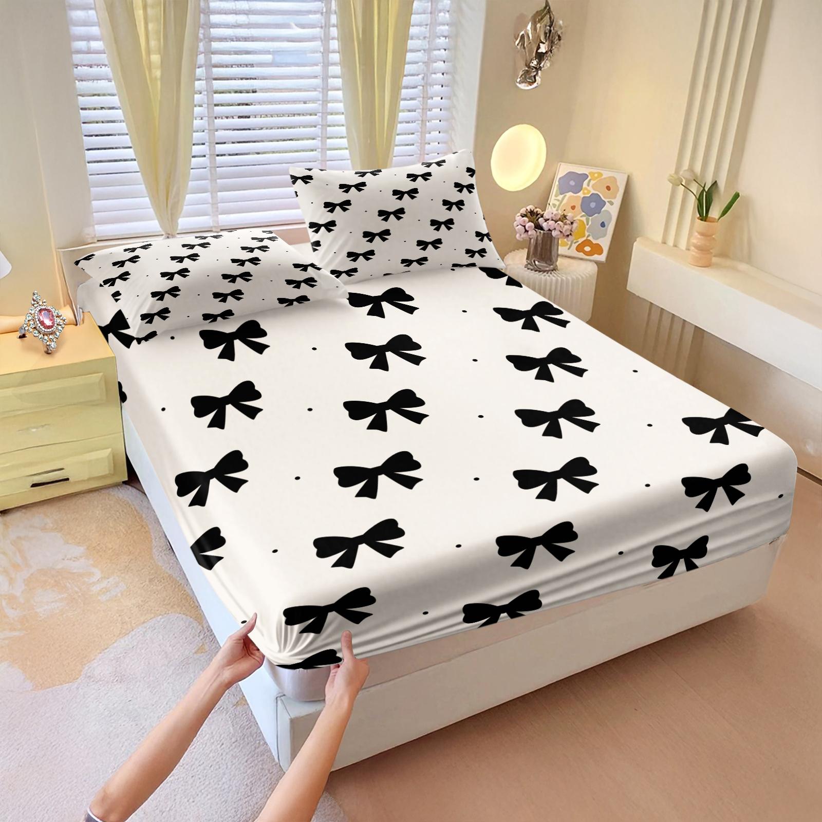 3PCS Cute Romantic Sweet Bow Fitted Sheet Set, Soft Cozy Aesthetic Bedding with Elastic All Around for Mattress, Housewarming Birthday Valentine's Day Christmas Gift for Her