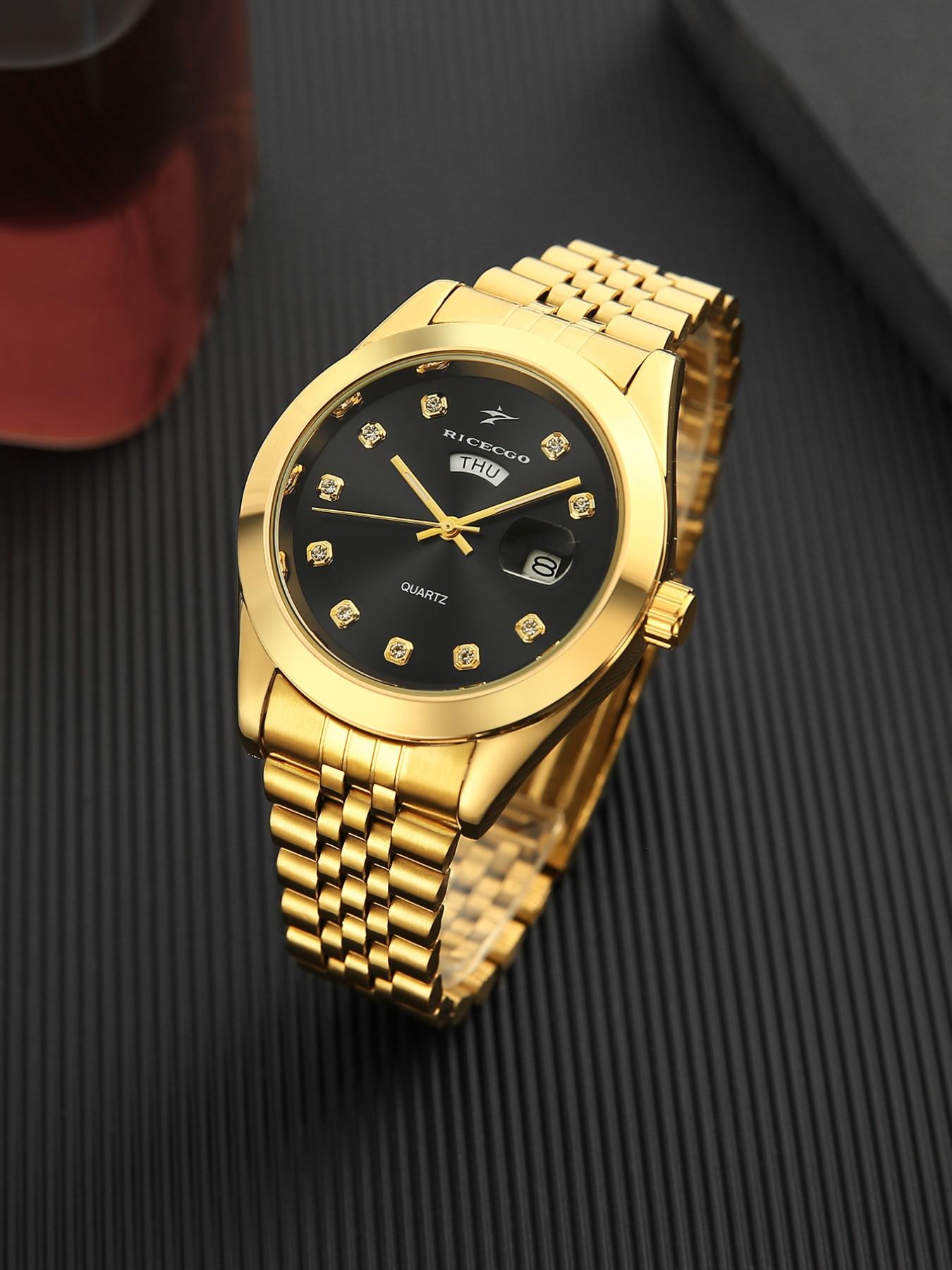 RICECGO Men's Quartz Watch Luxurious solid gold finish Elegant Round Dial Diamond-set hour markers sparkle with eye-catching brilliance Features day and date display Exudes prestige for business gifts Limited-time offer—act fast before it's gone