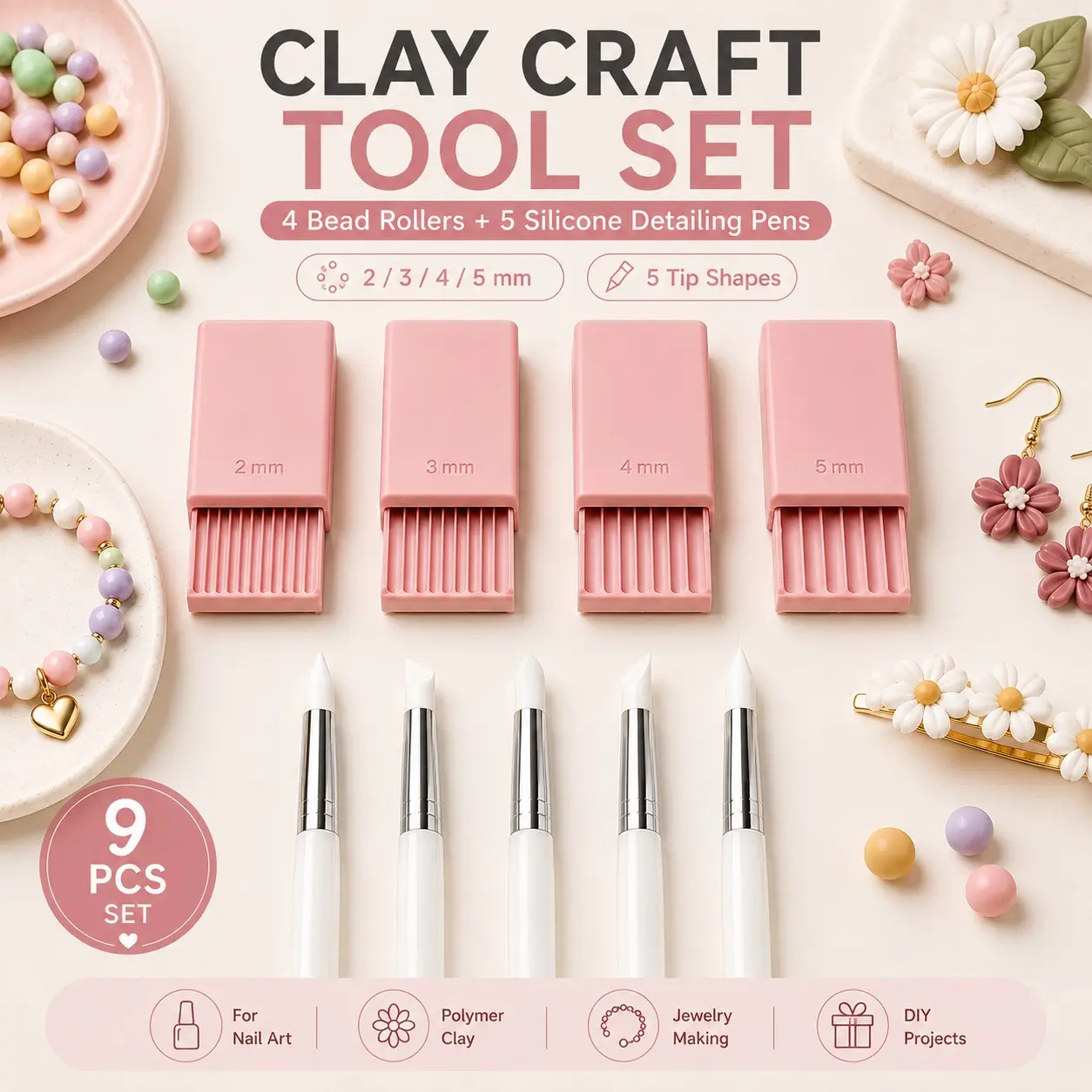 1 Set 3D Print Clay Gel Ball Maker Tool With 5 PCS Silicone Nail Art Pen Set, Includes 4 Sizes 2mm/3mm/4mm/5mm Bead Roller Sphere Shapers And Silicone Detailing Pens For Nail Design, Polymer Clay, Resin Craft And DIY Jewelry Making