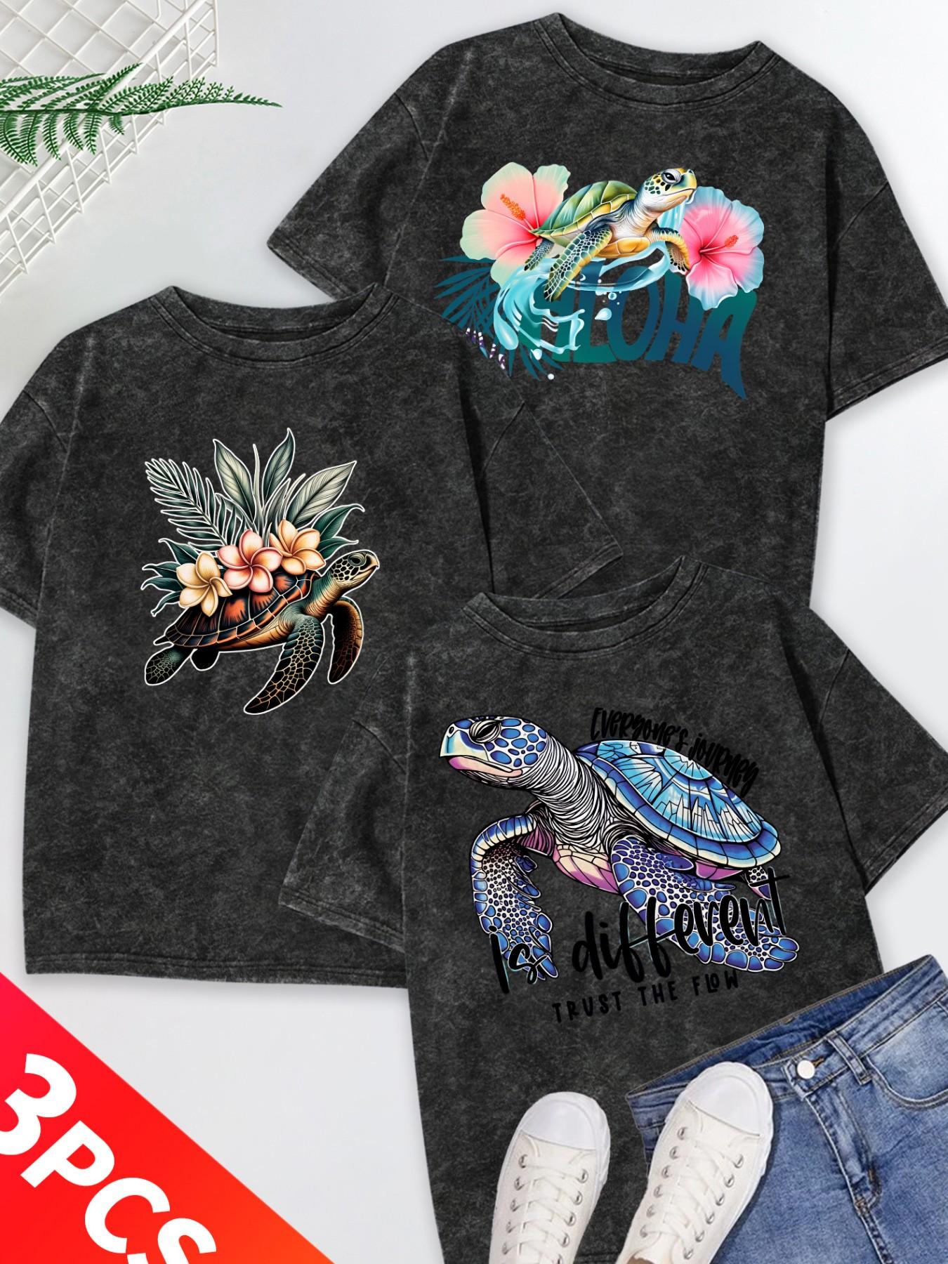 Women's 3-Pack Snow Wash Short Sleeve T-Shirt, Hawaiian Sea Turtle & Floral Print Set, Multiple Colors, Machine Washable, Spring & Summer Tops, Soft Skin-Friendly Fabric, Daily Wear, Fashion Design