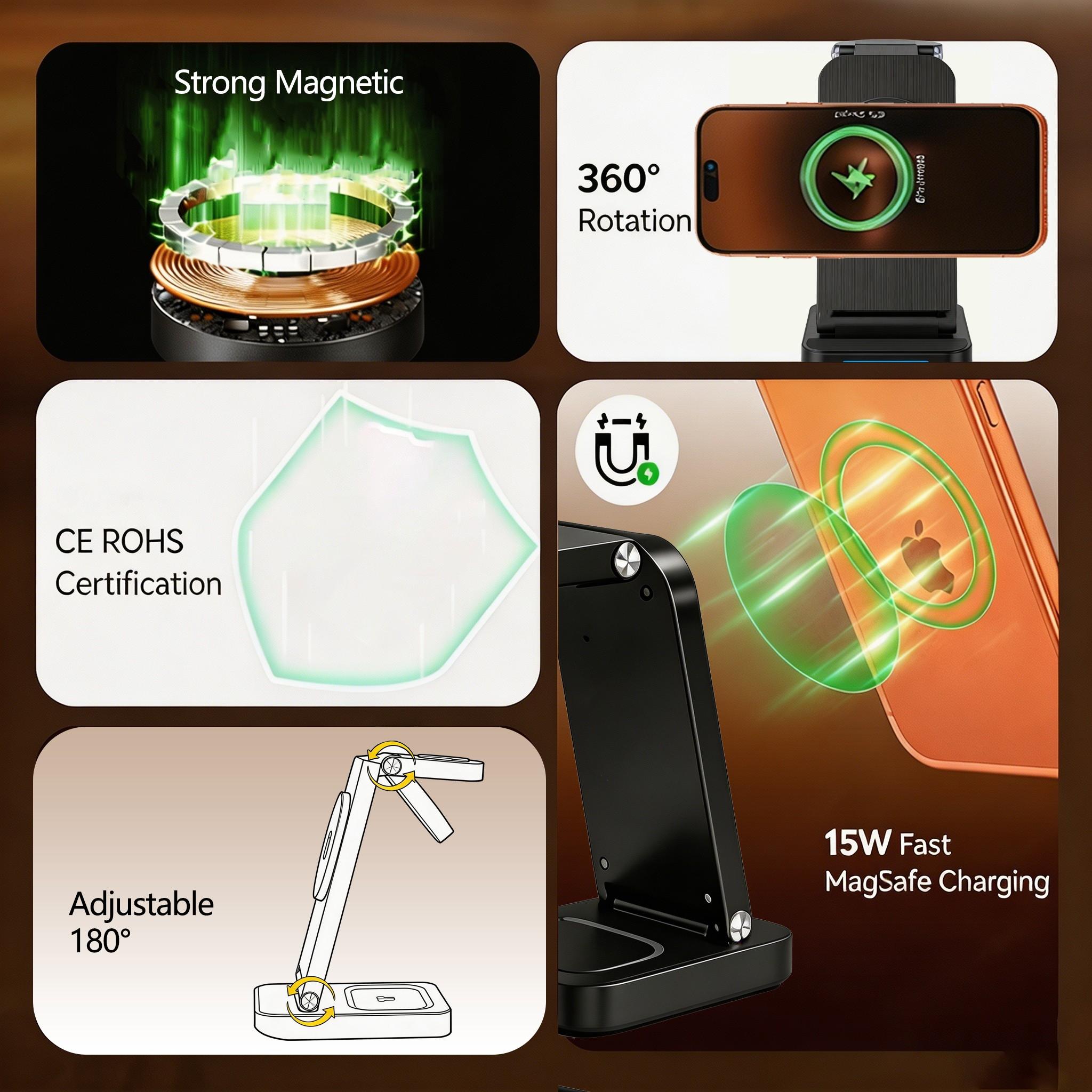 15w Folding Magnetic Wireless Charger, Fast Charging for iPhone 16-12, Iwatch 1-9, AirPods 3/2/pro, Portable Wireless Charger