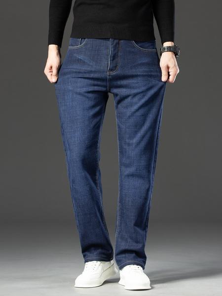 Men's Fleece Lined Denim Jeans, Loose Straight Leg Long Pants, Warm Cotton Elastic Business Style, Fall Winter Fashion