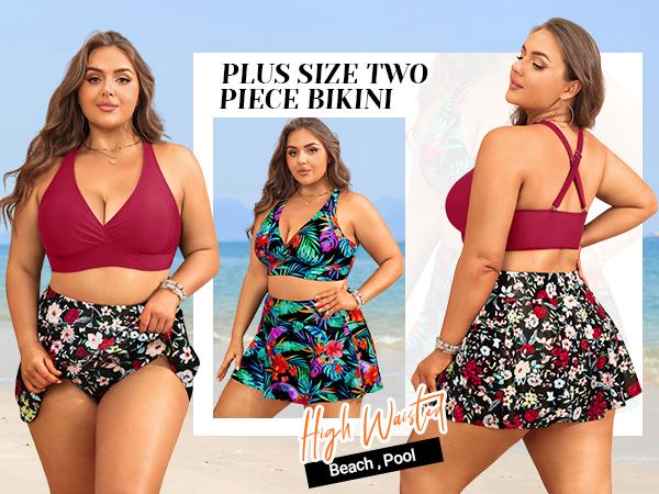 Yonique Women's Plus Size High Waisted Bikini - Two Piece Swimsuit with Skirt Tummy Control Bathing Suit with Pocket