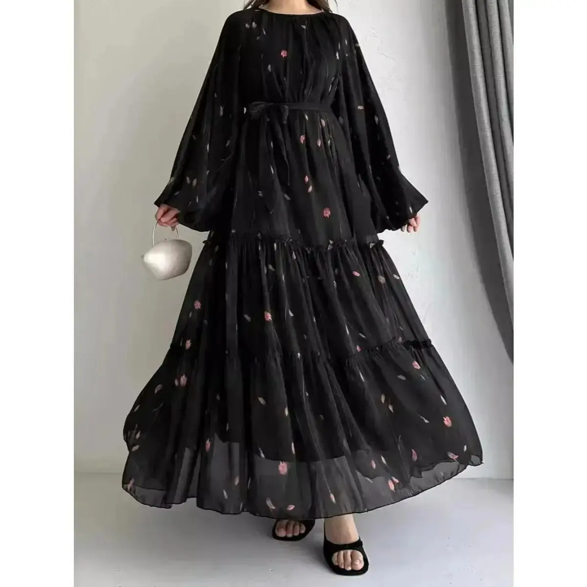 Large size version Eid Muslim Abaya Dress for Women Print Chiffon Sashes Jalabiya Kaftan Islam Vestidos Largo Arab Long Robe Ramadan Morocco Abayas