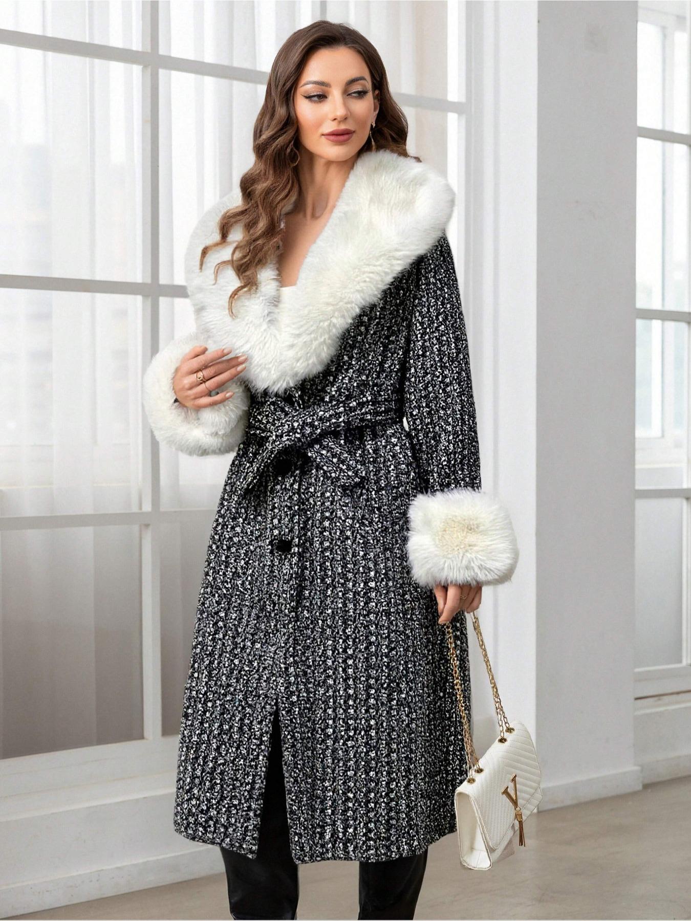Women's Fall Winter Mid-Length Solid Color Coat, Warm Fitted Coat with Fur Collar, Waist Belt & Pockets, Casual Style, Jackets
